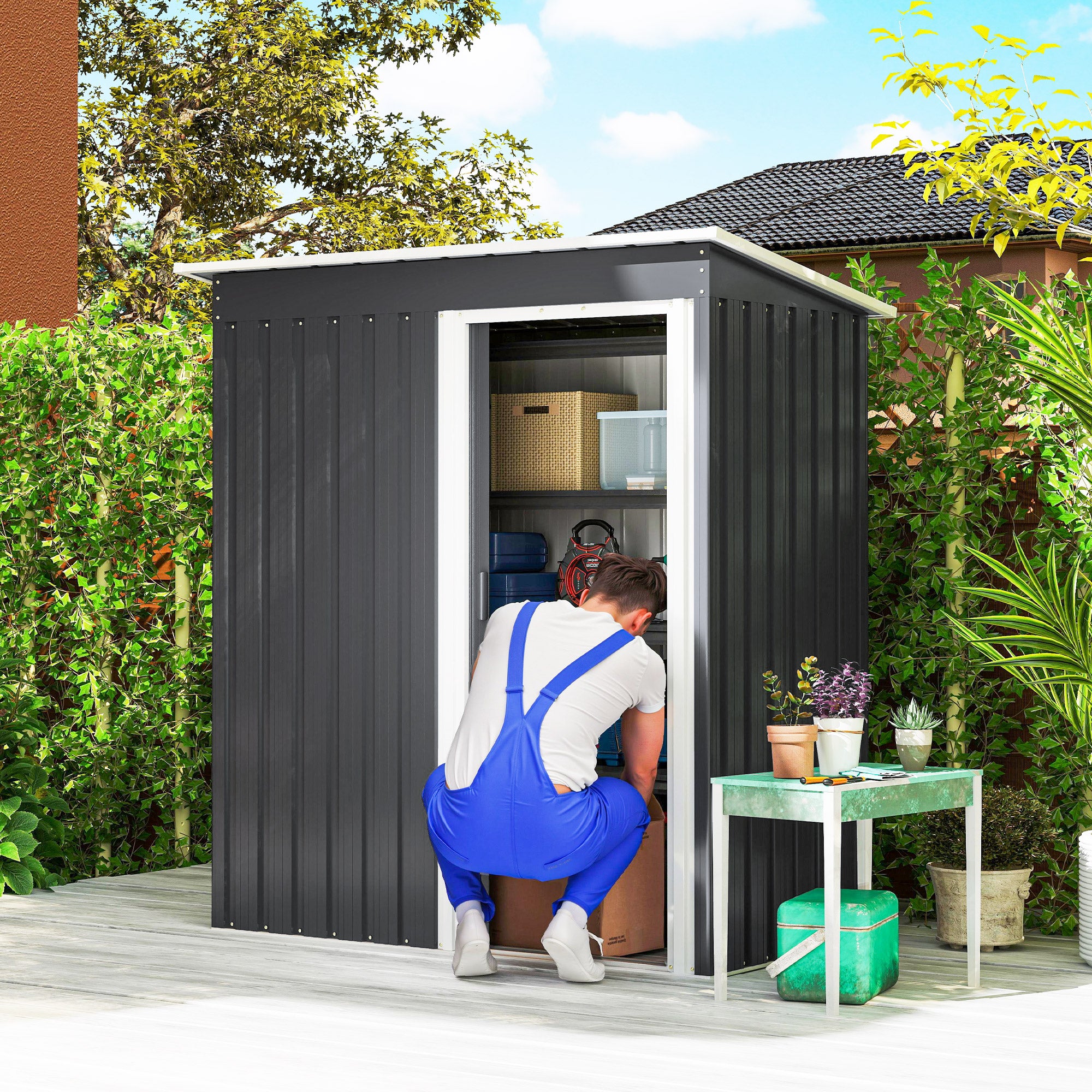 Outsunny 5 x 3ft Garden Storage Shed with Sliding Door and Sloped Roof Outdoor Equipment Tool, Black
