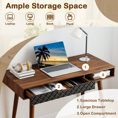 Writing Table with Drawer and Open Compartment Home Office Desk with Rubber Wood Legs-Brown