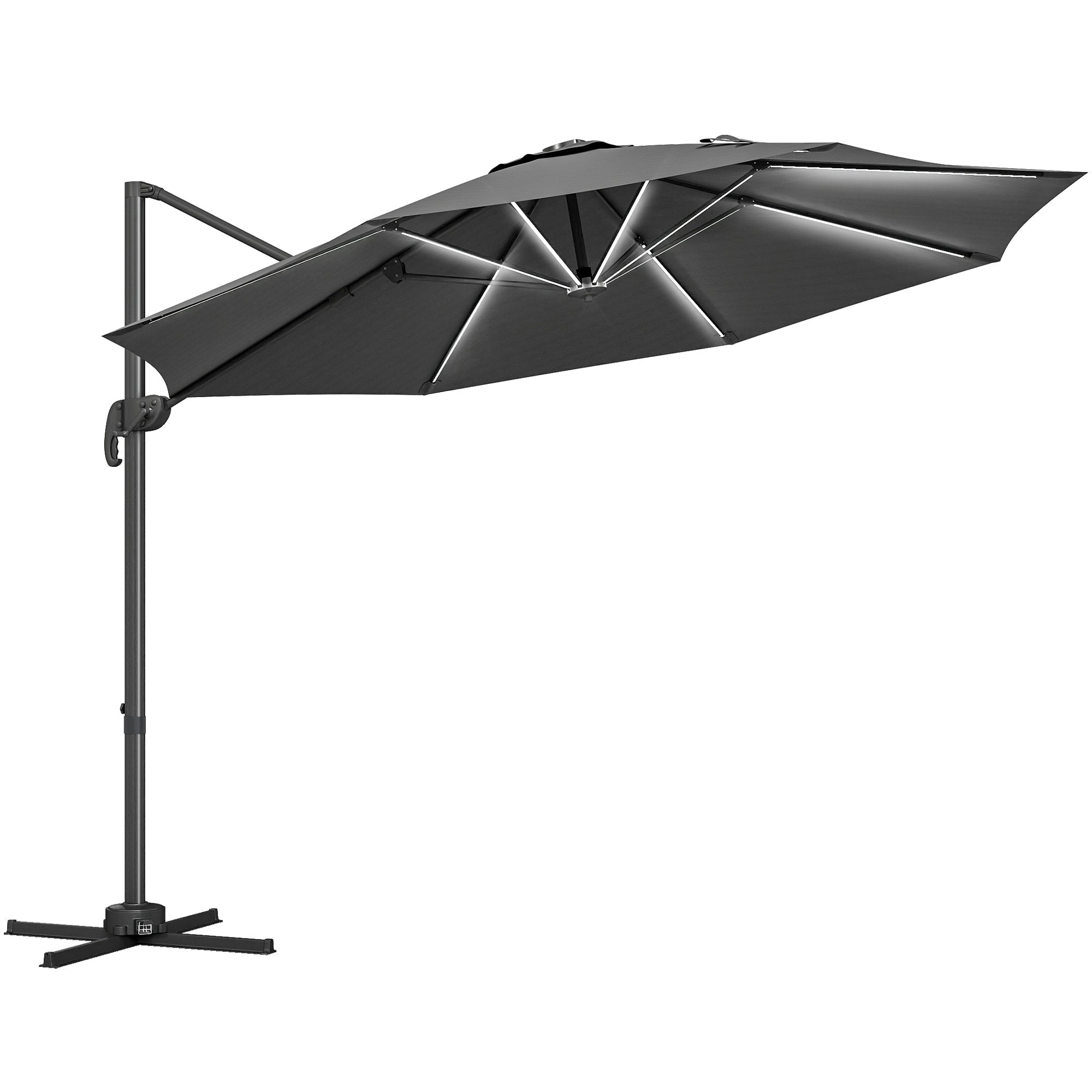 Outsunny 3(m) Adjustable Cantilever Parasol with Base, Solar LED Lights, Dark Grey