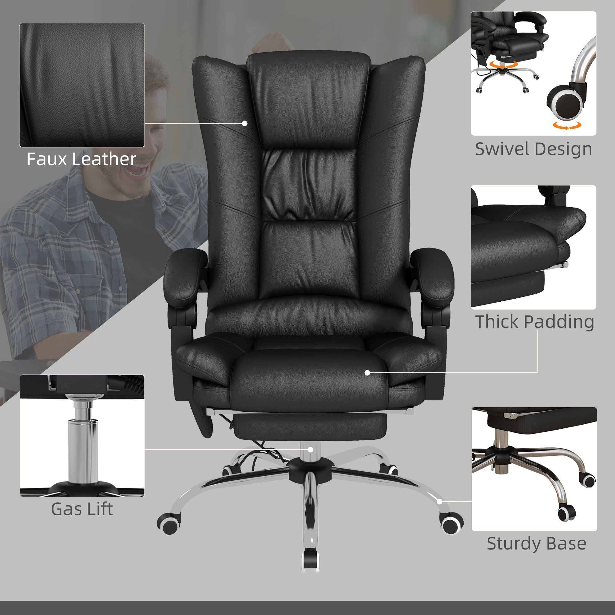 Vinsetto High Back Vibration Massage Office Chair, Heated Reclining PU Leather Computer Chair with 135√Ç¬∞ Reclining Back and Footrest, Black
