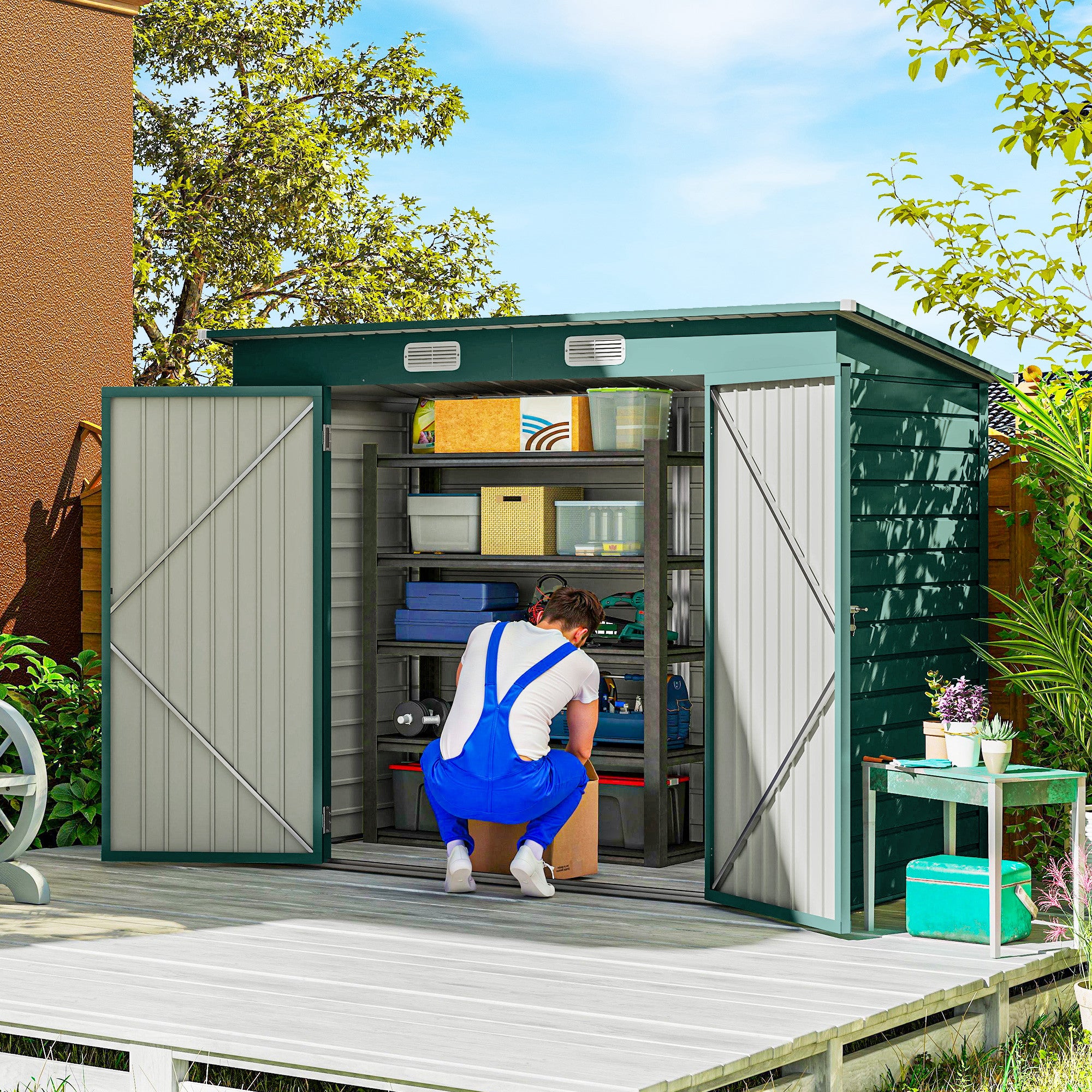 Outsunny 3.7 x 7.9ft Galvanised Steel Shed, with Latched Door and Padlock - Green