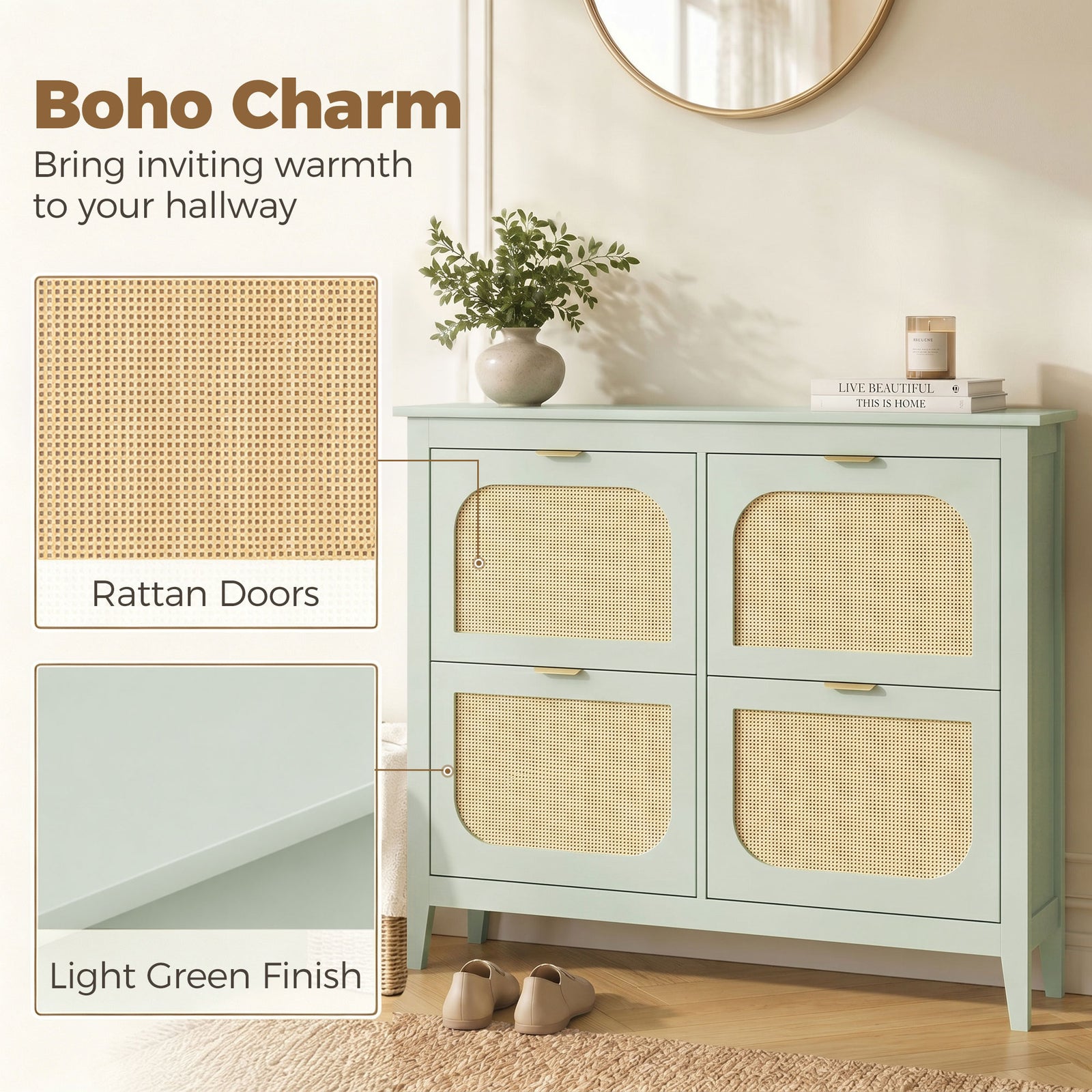 HOMCOM Narrow Shoe Cabinet, Boho Slim Shoe Storage Cabinet with 4 Flip Drawers, Holds 20 Pairs, Light Green