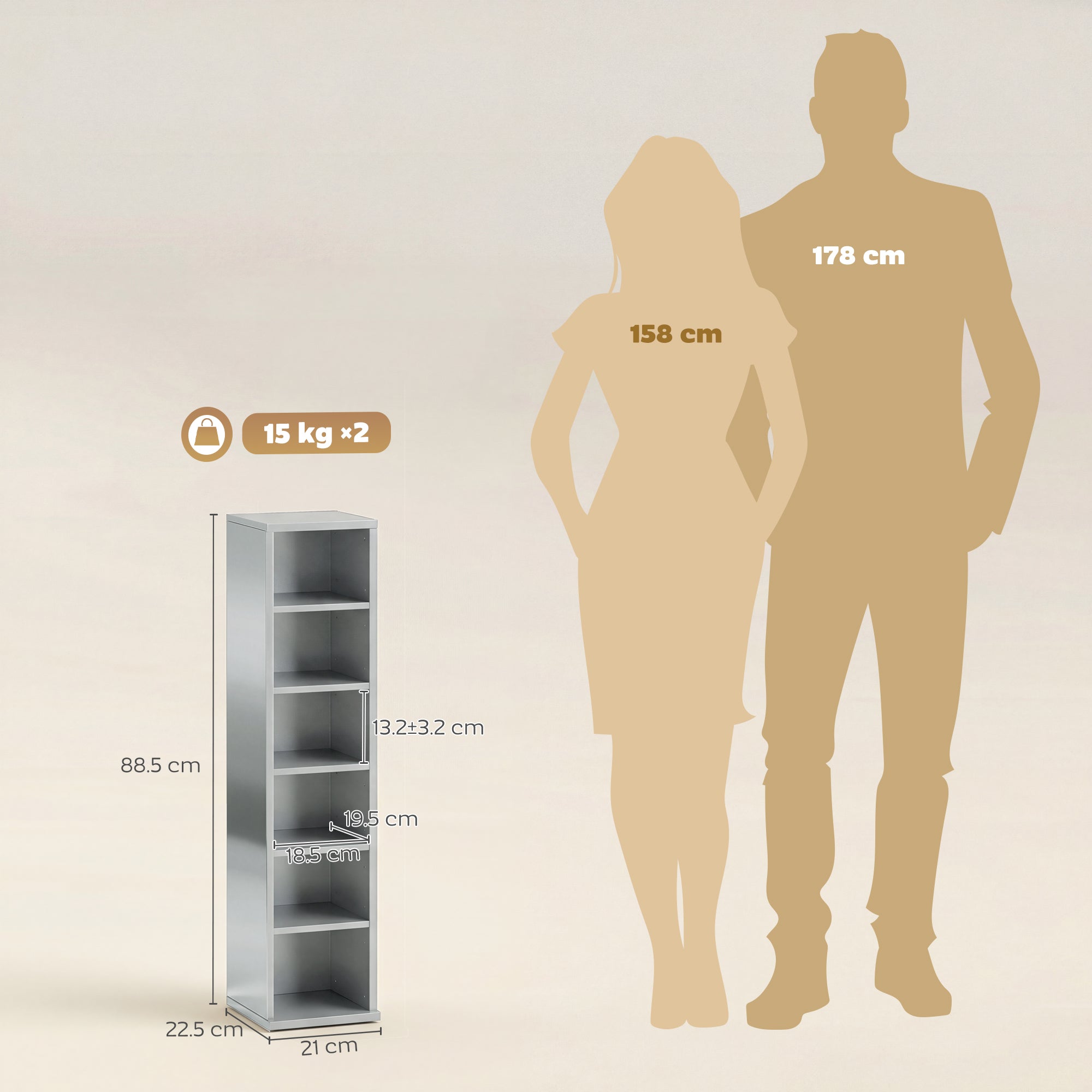 HOMCOM Set of 2 CD Media Display Shelf Unit Tower Rack with Adjustable Shelves, High Gloss Grey