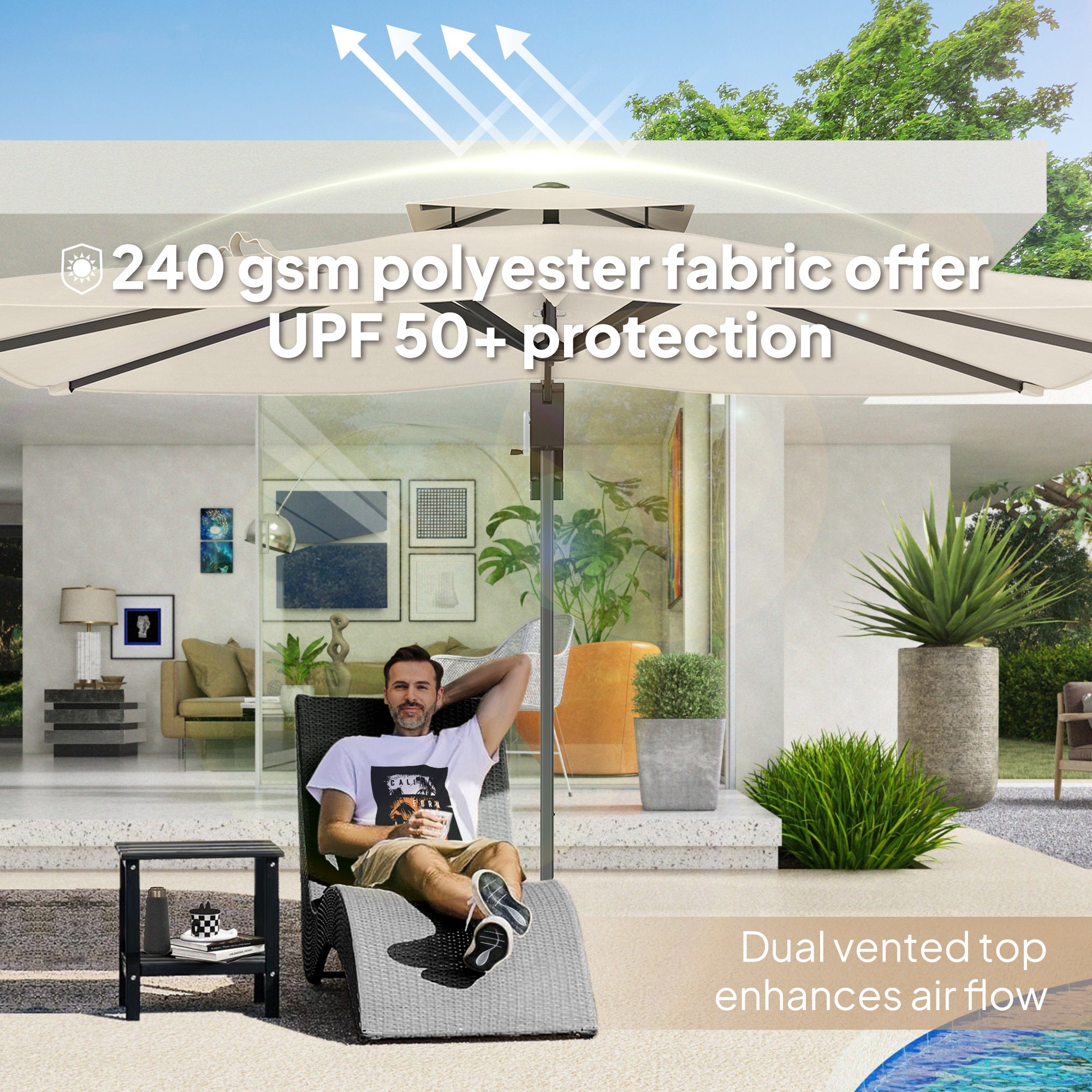 Outsunny 3.7 x 2.7 m Cantilever Parasol w/ 360√Ç¬∞ Rotation and Easy Tilt Adjustment, Aluminium Hanging Offset Outdoor Umbrella w/ Double Top, Cross Base, UPF50+ Hanging Sun Shade, Grey Wood Effect Pole