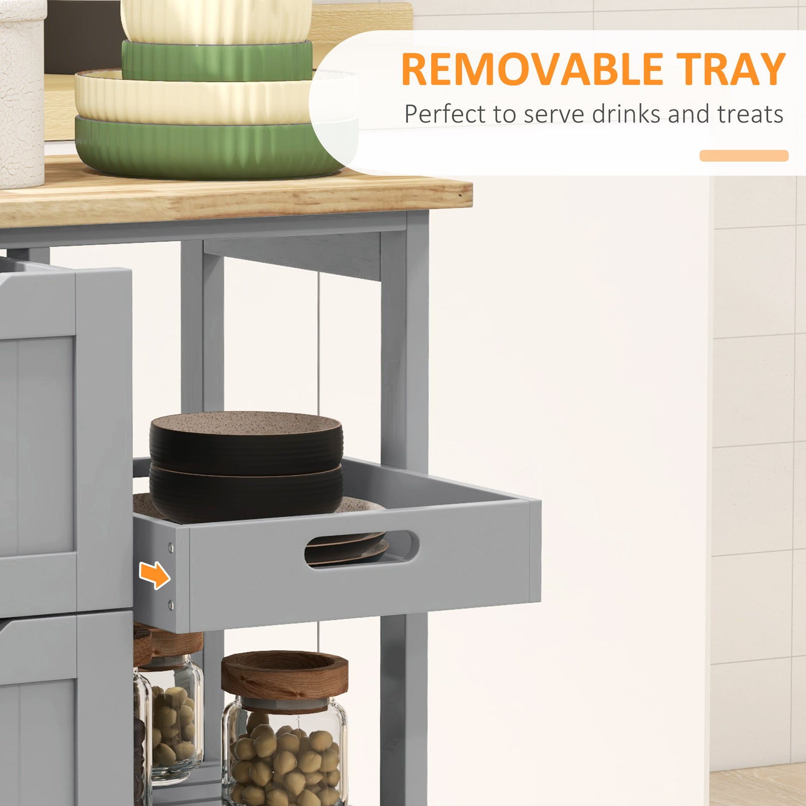 HOMCOM Rolling Kitchen Island Cart, Bar Serving Cart, Compact Trolley on Wheels with Wood Top, Shelves & Drawers, Grey