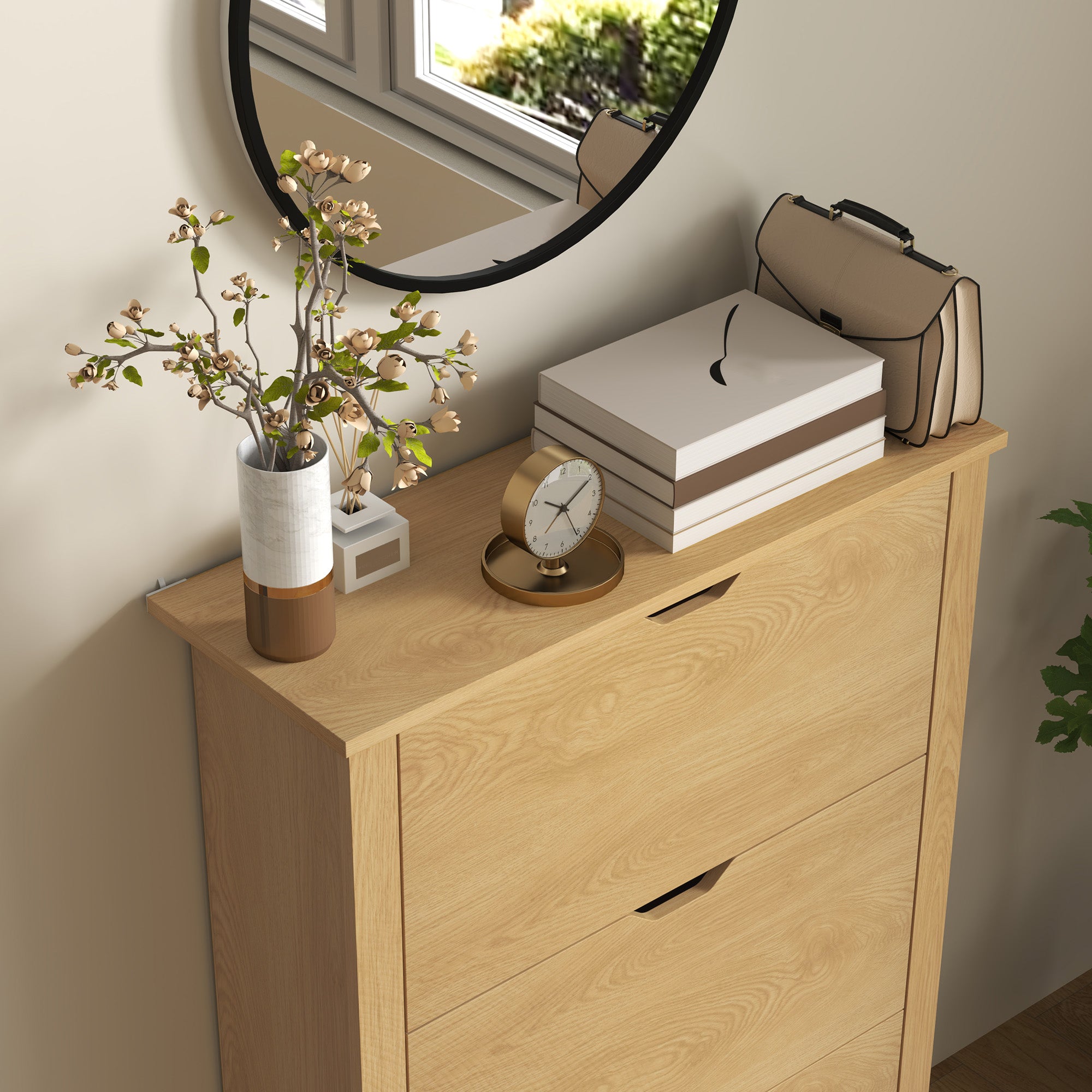 HOMCOM Slim Shoe Cabinet, Narrow Shoe Cupboard with 3 Drawers, Adjustable Shelves for 18 Pairs of Shoes, Natural Wood Finish