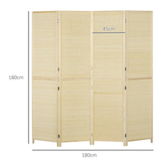 HOMCOM Room Divider, Freestanding Privacy Screen, 4 Panel Folding, 180 x 180cm, Natural