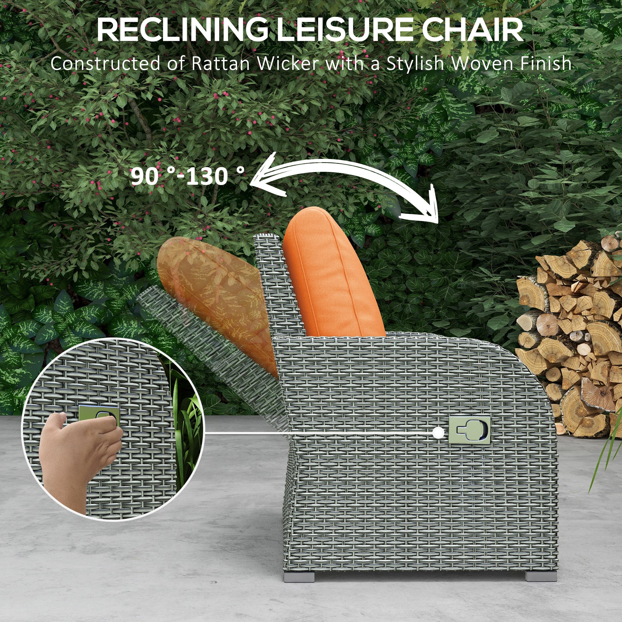 Outsunny Six-piece Outdoor Rattan Dining Set, Outdoor Sofa Set with Reclining Armchairs and Mental Frame, Orange