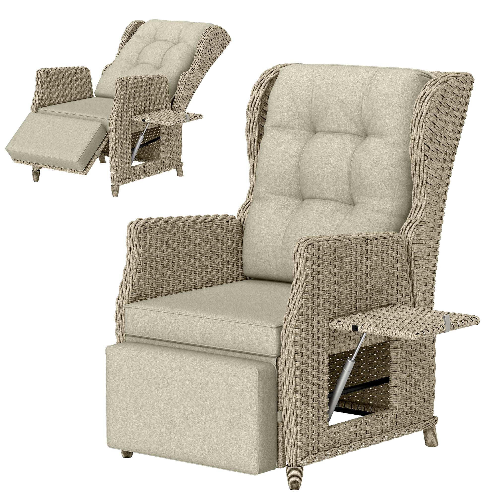 Outsunny Rattan Garden Recliner Chair, Reclining Garden Chair with Adjustable Back and Footrest, Flip Table, Cushion, Brown