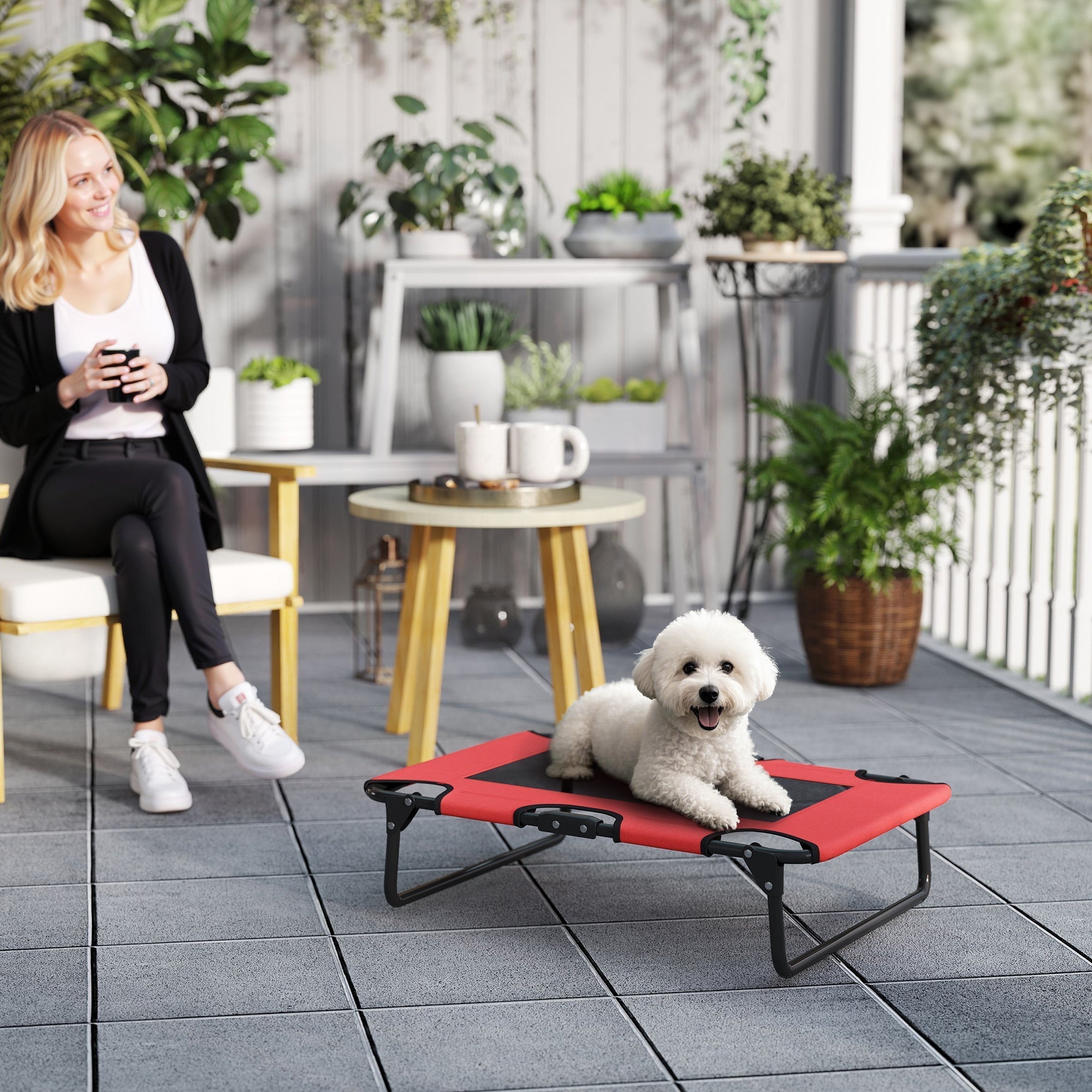 PawHut Portable Raised Dog Bed, Elevated Pet Cot with Breathable Mesh for Indoor Outdoor, for Small Medium Dogs, Red