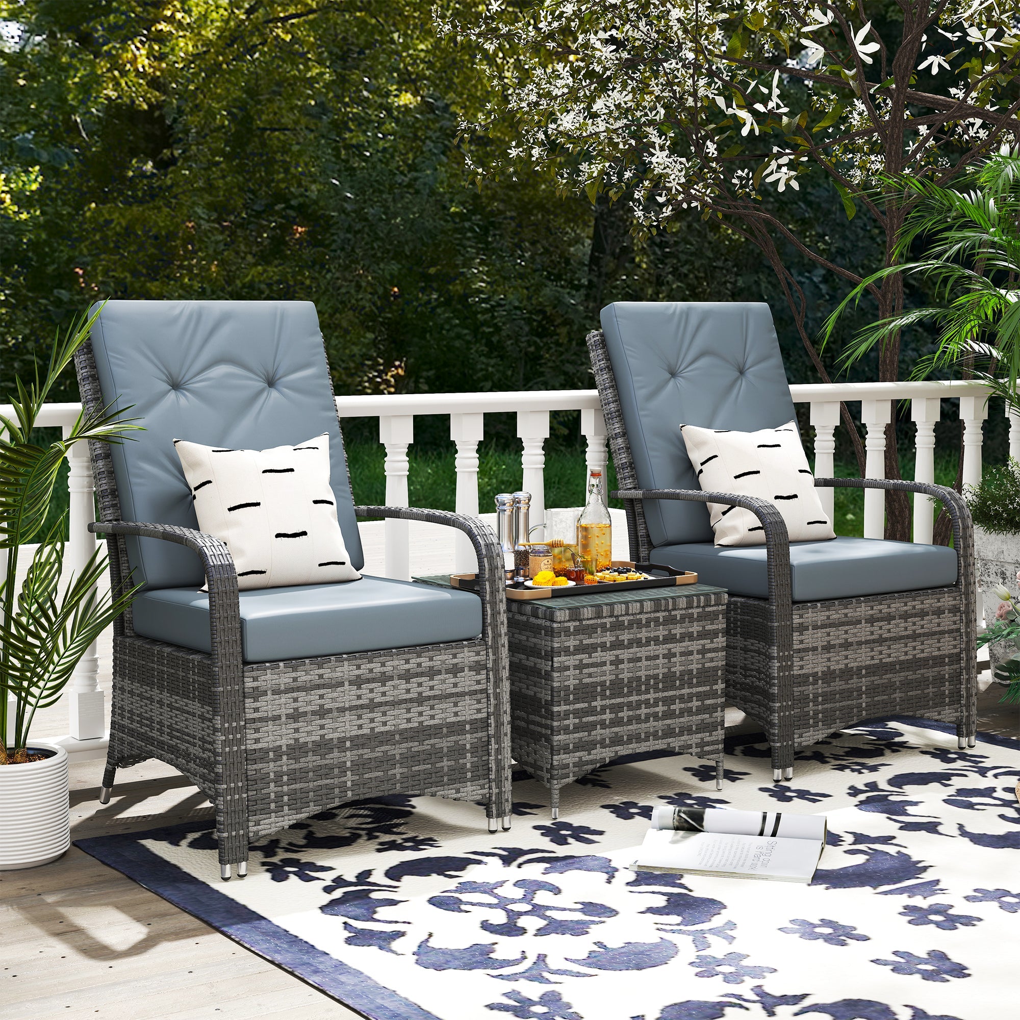 Outsunny 2-Seater Rattan Table Chair Bistro Garden Furniture Set Wicker Table Outdoor Patio