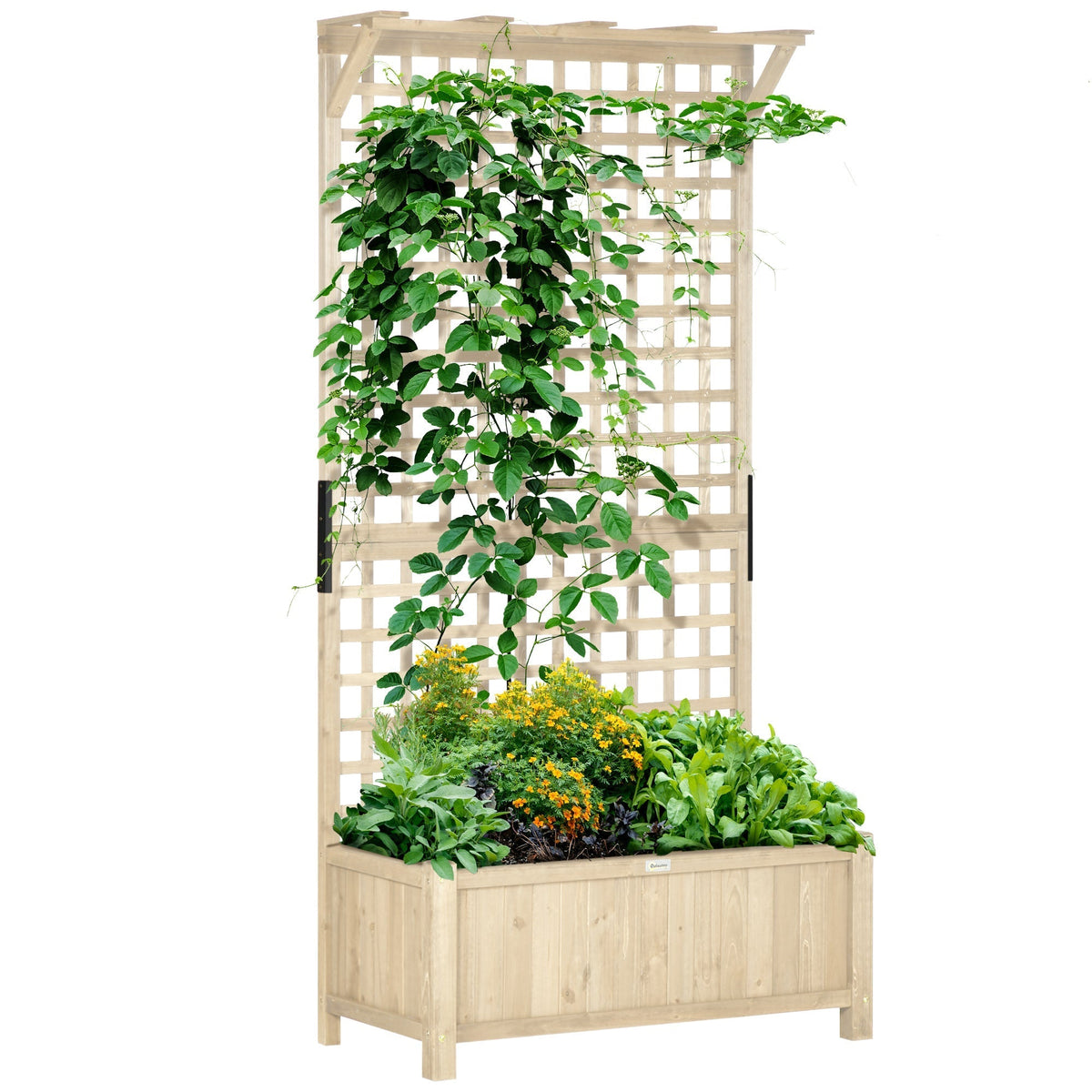 Outsunny Raised Bed with Drainage Holes, Wood Planter with Trellis for Climbing Plants to Grow Vegetables, Flowers, Natural