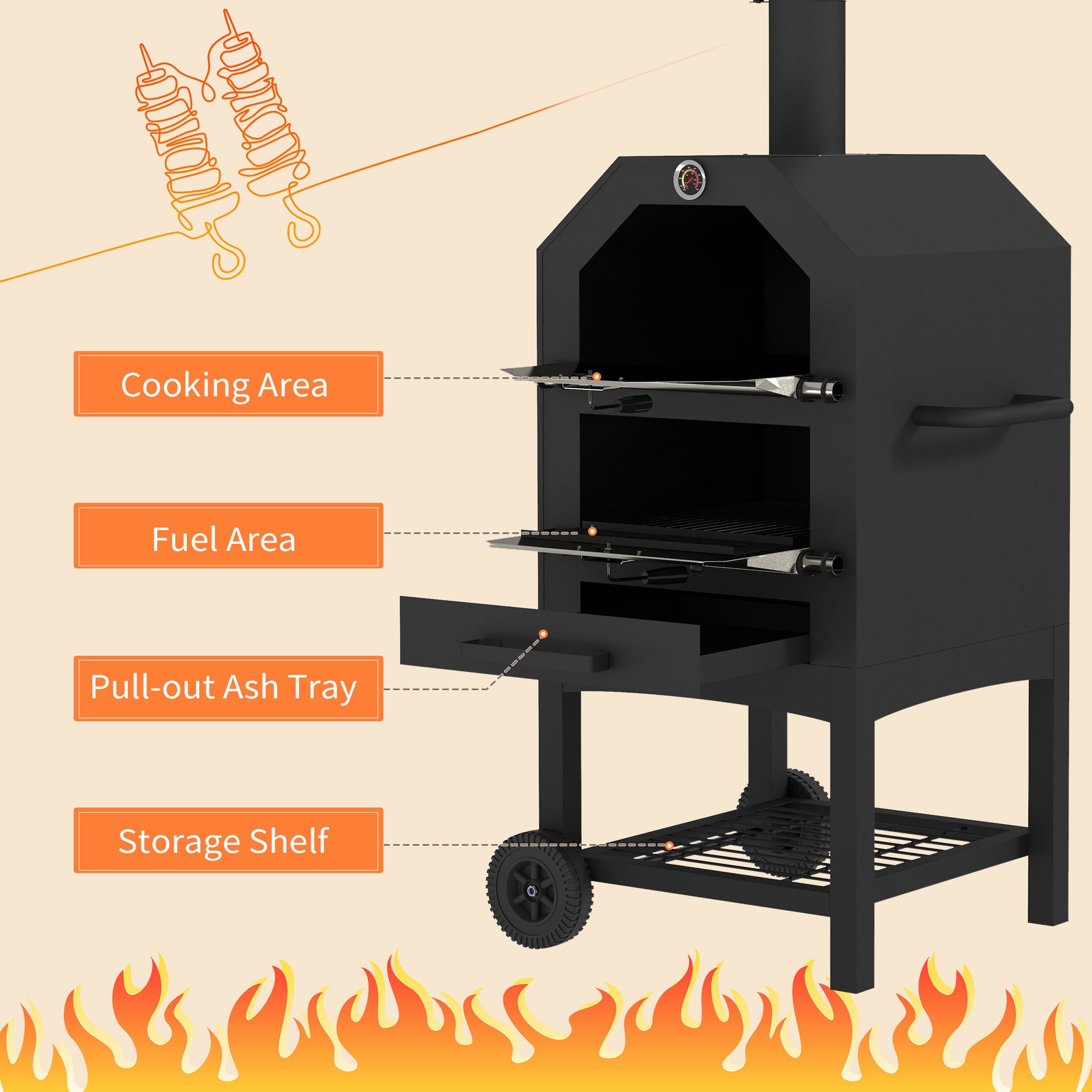 Outsunny Steel 3-Tier Outdoor Pizza Oven Charcoal BBQ Grill, Black