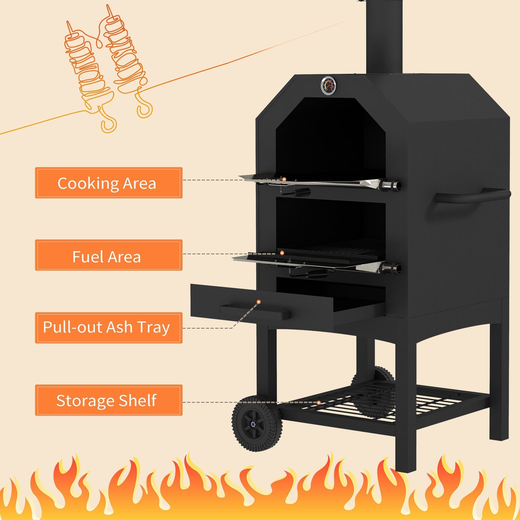 Outsunny Steel 3-Tier Outdoor Pizza Oven Charcoal BBQ Grill, Black