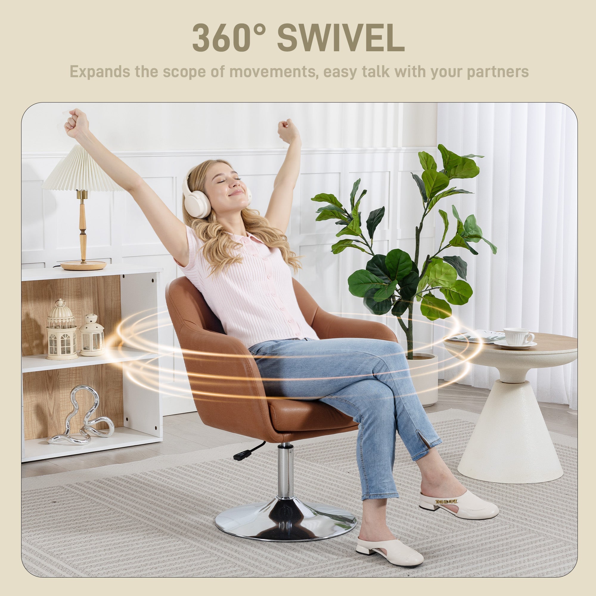 HOMCOM Swivel Microfibre Accent Chair for Living Room Contemporary Vanity Armchair with Adjustable Height Thick Cushion Lumbar Support Armrest for Bedroom Office Brown