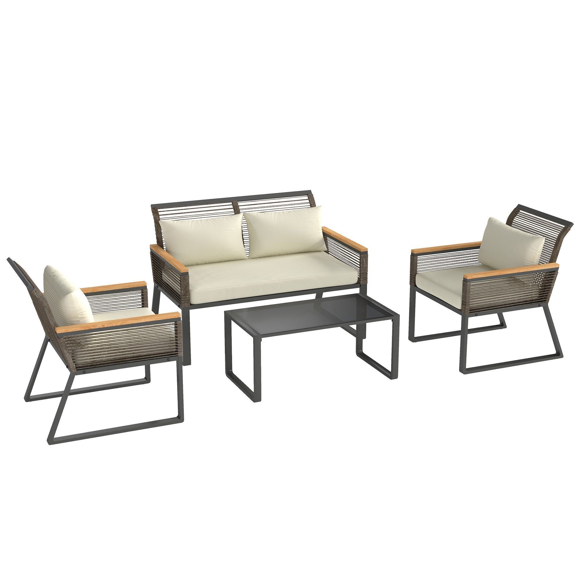 Outsunny Four Piece Wicker Rope Garden Furniture Set with Glass Top Coffee Table - Grey