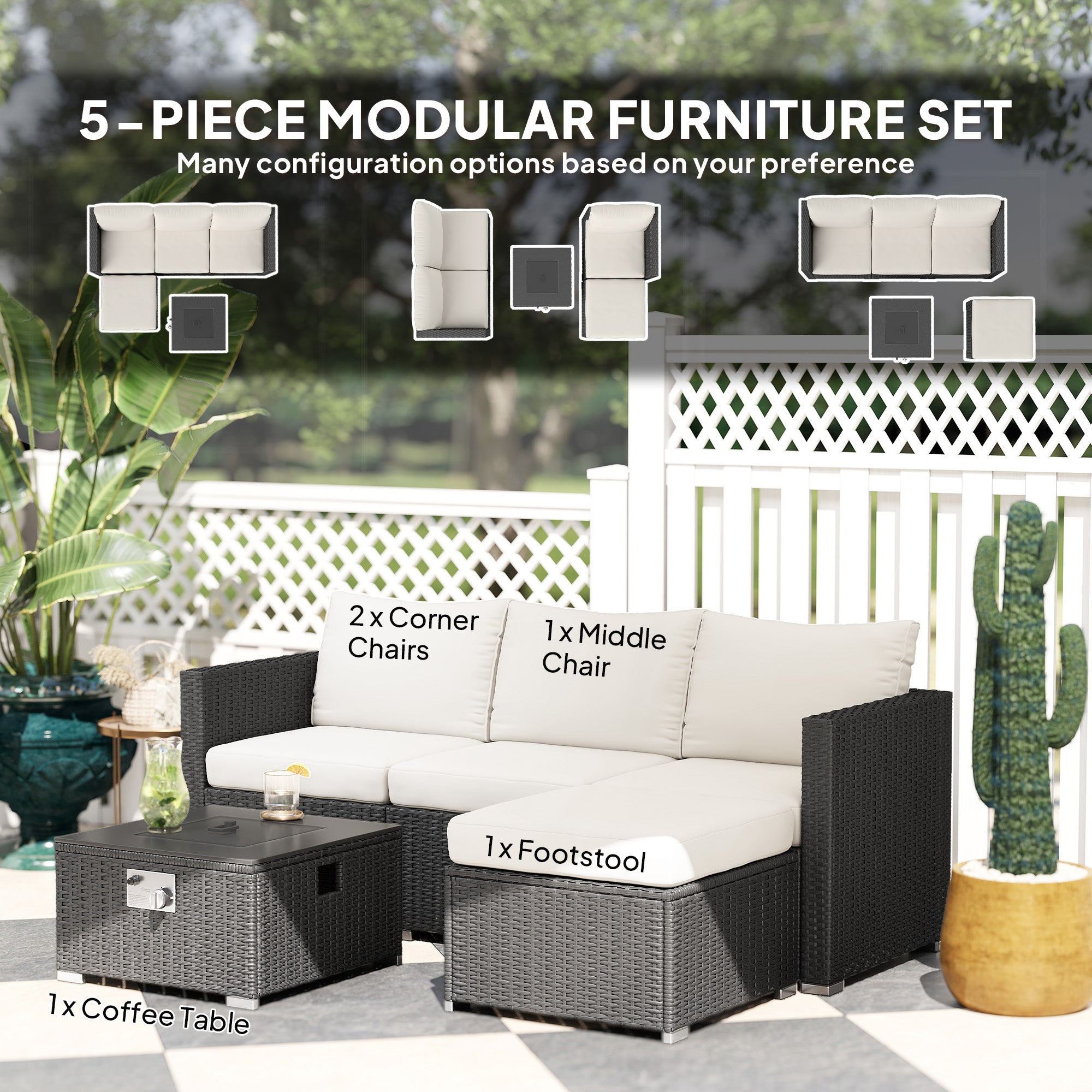 Outsunny Five Piece Rattan Garden Furniture Set with Gas Fire Pit Table and Footstool - Black and Cream White