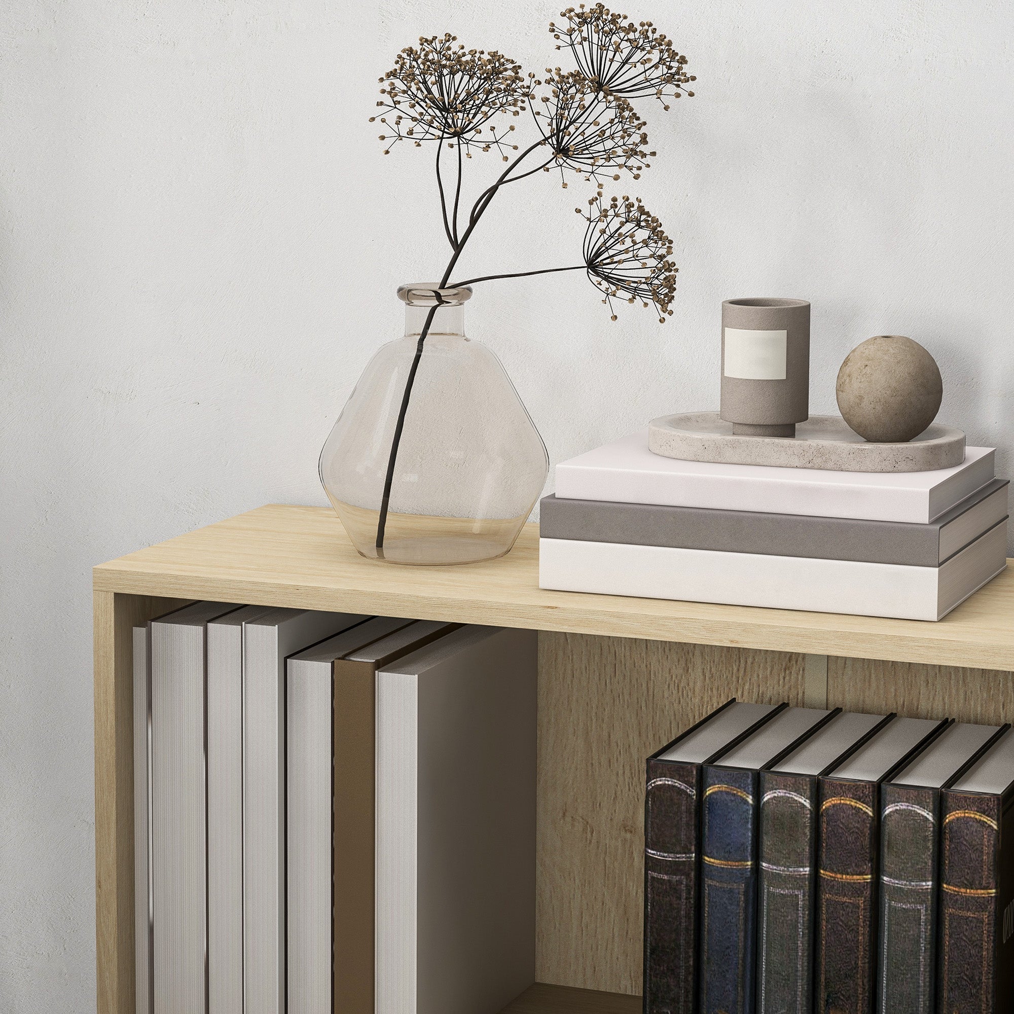 HOMCOM 2 Tier Bookshelf, Low Bookcase with Adjustable Shelf, 2 Compartments for Home Office, Living Room, Study, Natural