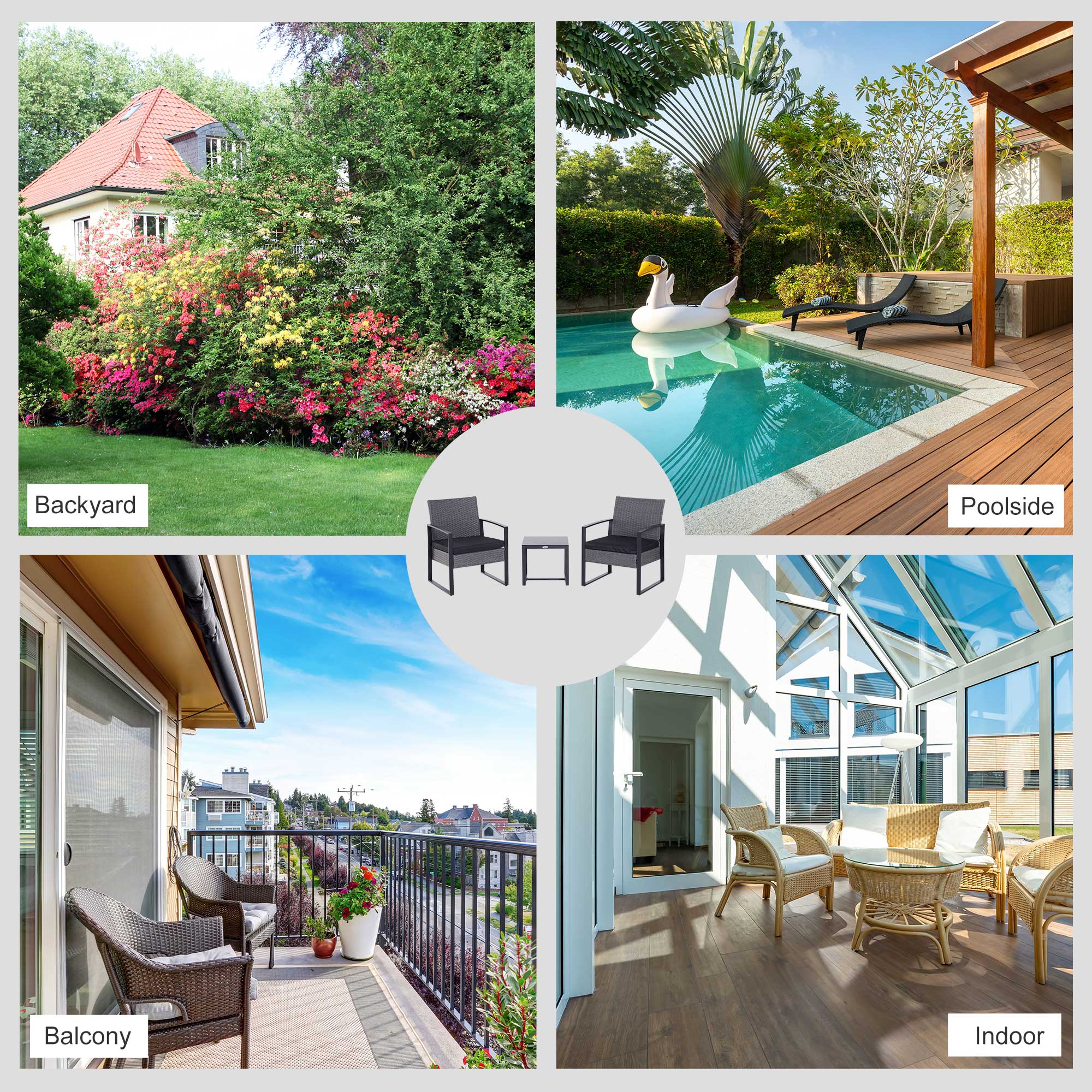 Outsunny 2 Seater Rattan Patio Set W/ Cushions-Grey/Black