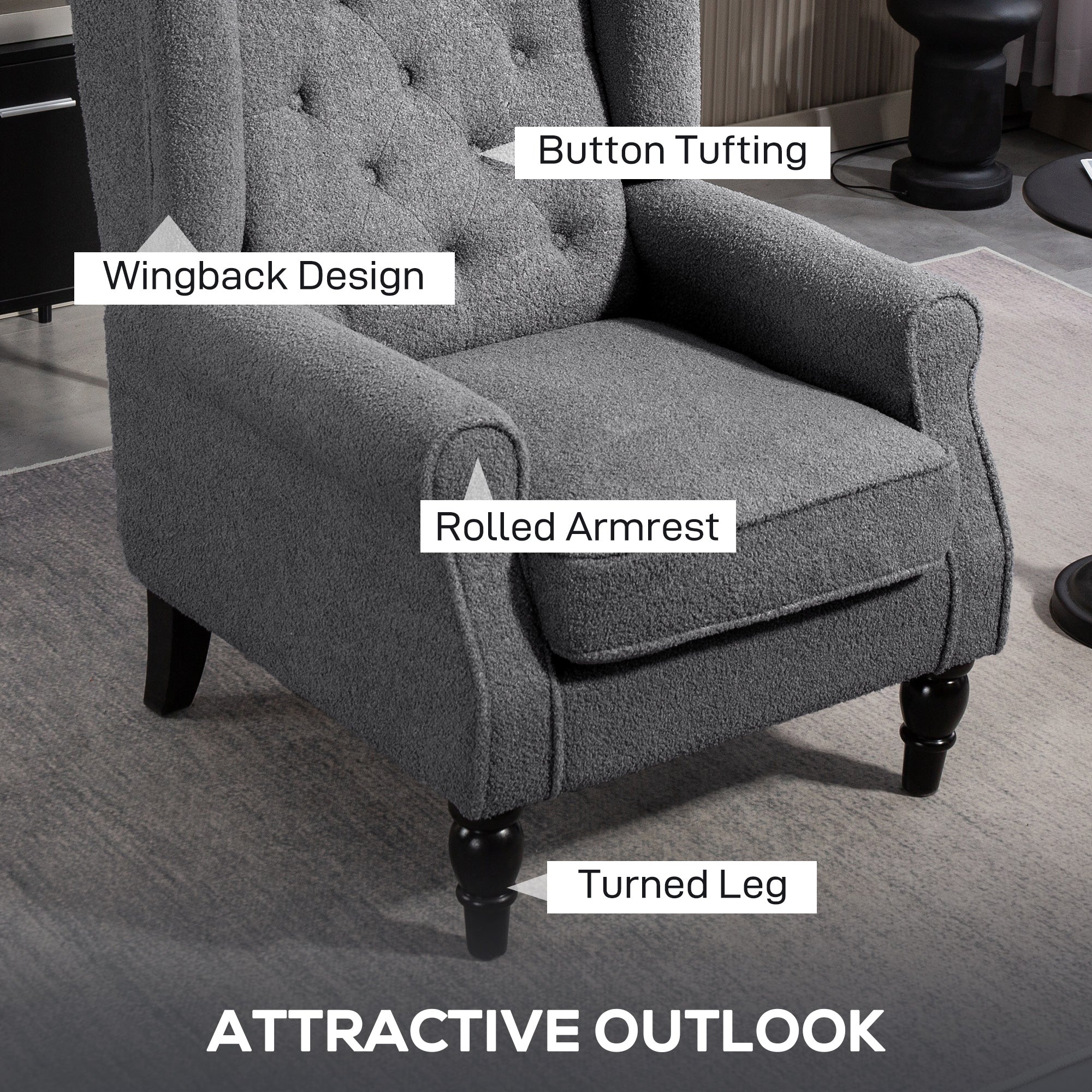 HOMCOM Teddy Fleece Retro Wingback Chair - Grey