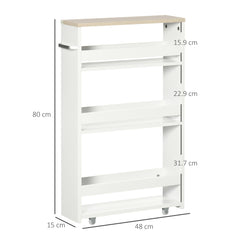 kleankin Storage Cart, 4-Tier Compact Storage Trolley on Wheels and Handle, 48W x 15D x 80H cm, White