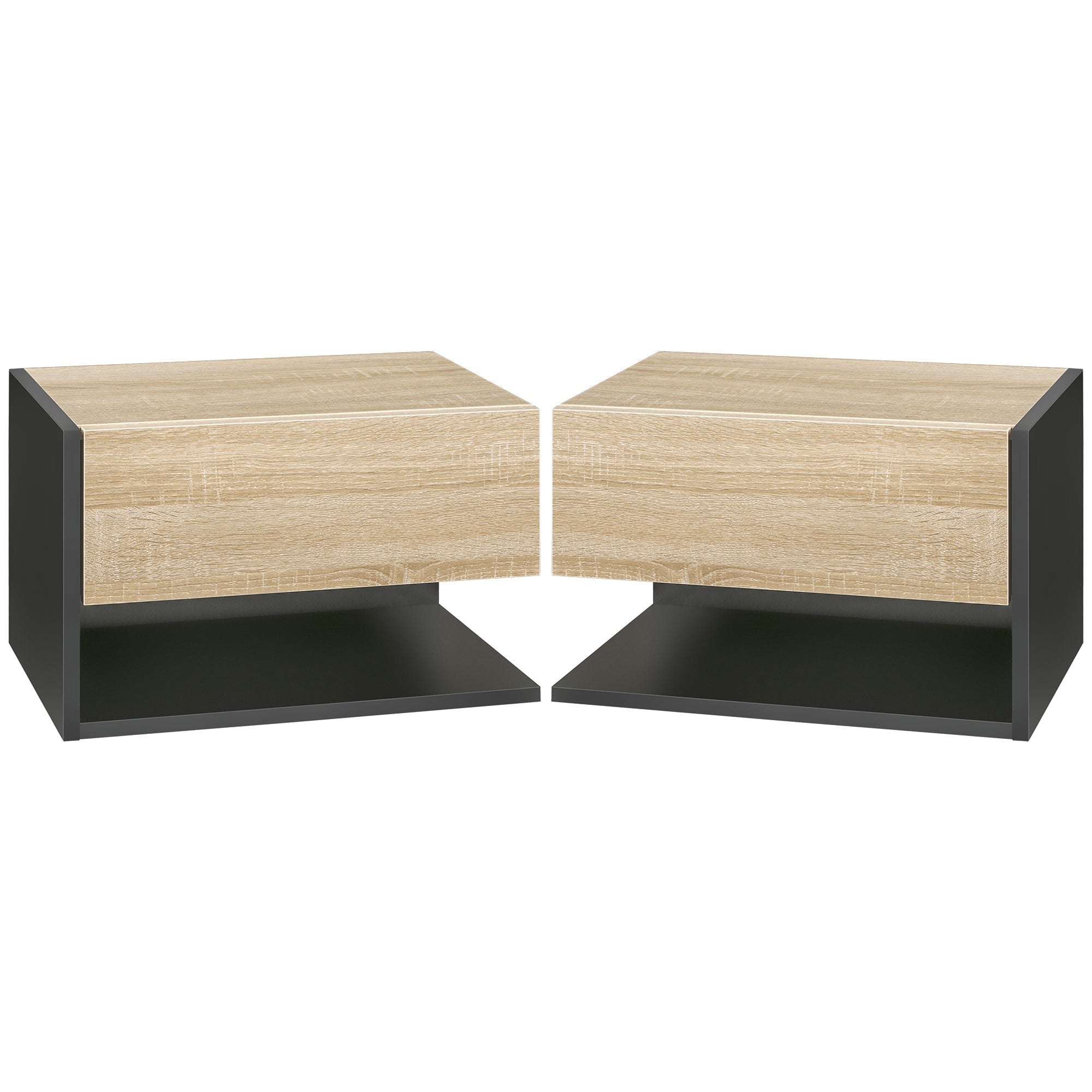 HOMCOM Floating Bedside Table Set of 2, Wall Mounted Bedside Cabinet with Drawer and Open Shelf, Modern Nightstand for Bedroom, 46 x 30 x 30 cm, Oak Tone