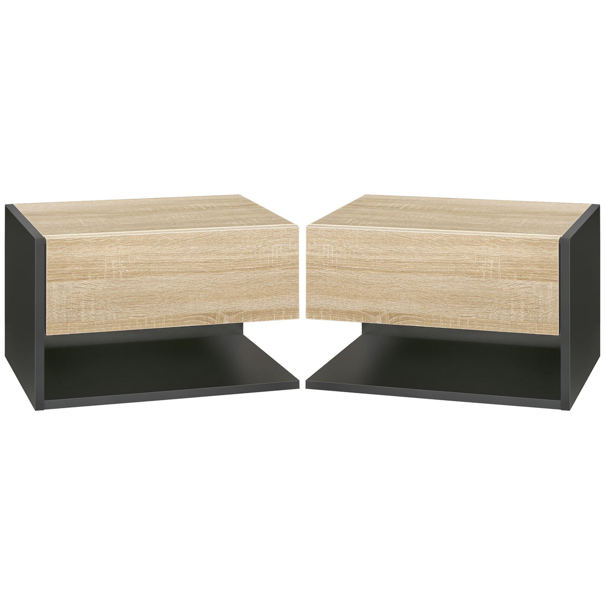 HOMCOM Floating Bedside Table Set of 2, Wall Mounted Bedside Cabinet with Drawer and Open Shelf, Modern Nightstand for Bedroom, 46 x 30 x 30 cm, Oak Tone