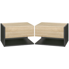 HOMCOM Floating Bedside Table Set of 2, Wall Mounted Bedside Cabinet with Drawer and Open Shelf, Modern Nightstand for Bedroom, 46 x 30 x 30 cm, Oak Tone