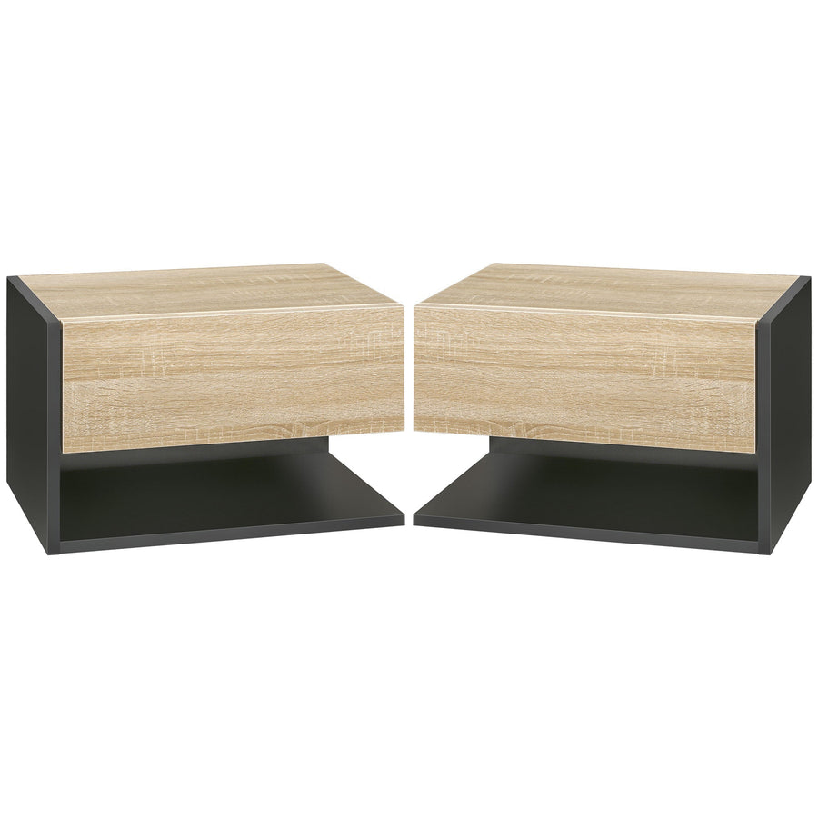 HOMCOM Floating Bedside Table Set of 2, Wall Mounted Bedside Cabinet with Drawer and Open Shelf, Modern Nightstand for Bedroom, 46 x 30 x 30 cm, Oak Tone