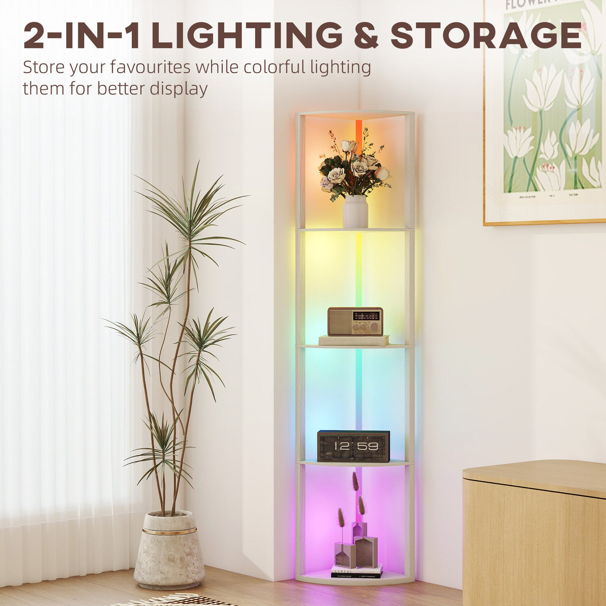 HOMCOM RGB LED Floor Lamp with Shelves, 4-Tier Dimmable Standing Lamp with Remote Control, Oak