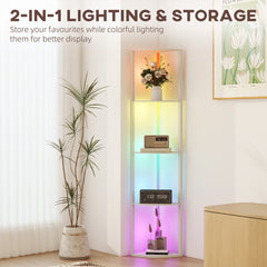 HOMCOM RGB LED Floor Lamp with Shelves, 4-Tier Dimmable Standing Lamp with Remote Control, Oak