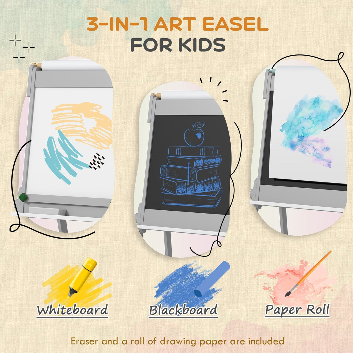 AIYAPLAY Art Easel for Kids with Paper Roll, Double-Sided Painting Easel with Chalkboard, Whiteboard