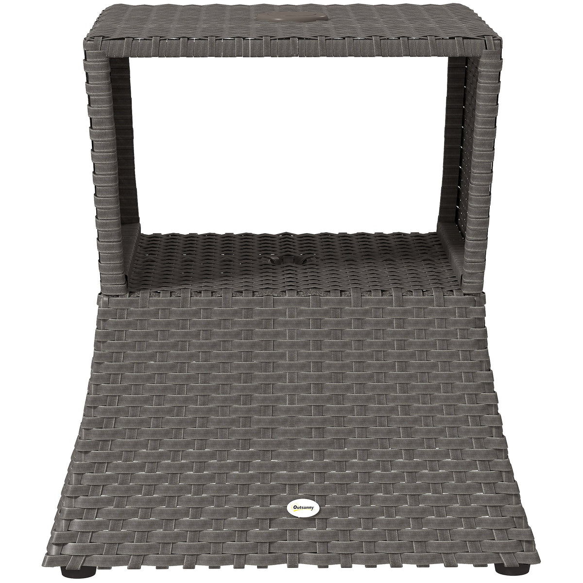 Outsunny Rattan Outdoor Coffee Table, Wicker Garden Patio Bistro Side Table with Umbrella Hole and Storage Space, Dark Grey