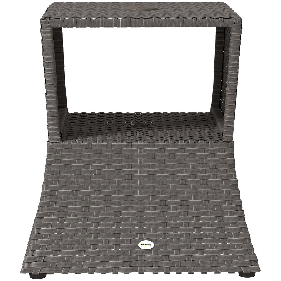 Outsunny Rattan Outdoor Coffee Table, Wicker Garden Patio Bistro Side Table with Umbrella Hole and Storage Space, Dark Grey