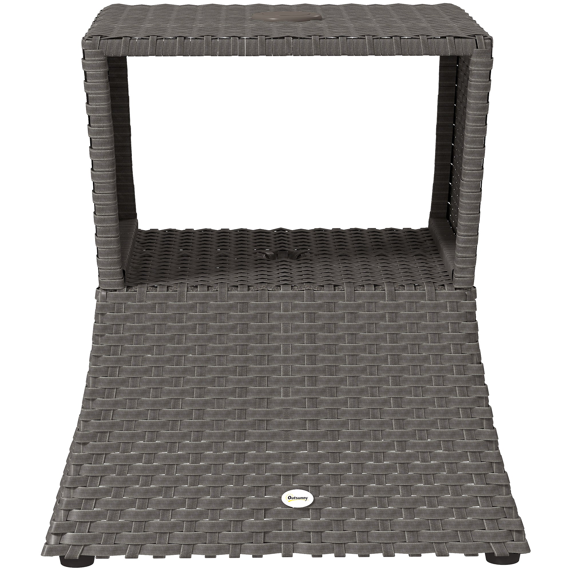 Outsunny Rattan Outdoor Coffee Table, Wicker Garden Patio Bistro Side Table with Umbrella Hole and Storage Space, Dark Grey
