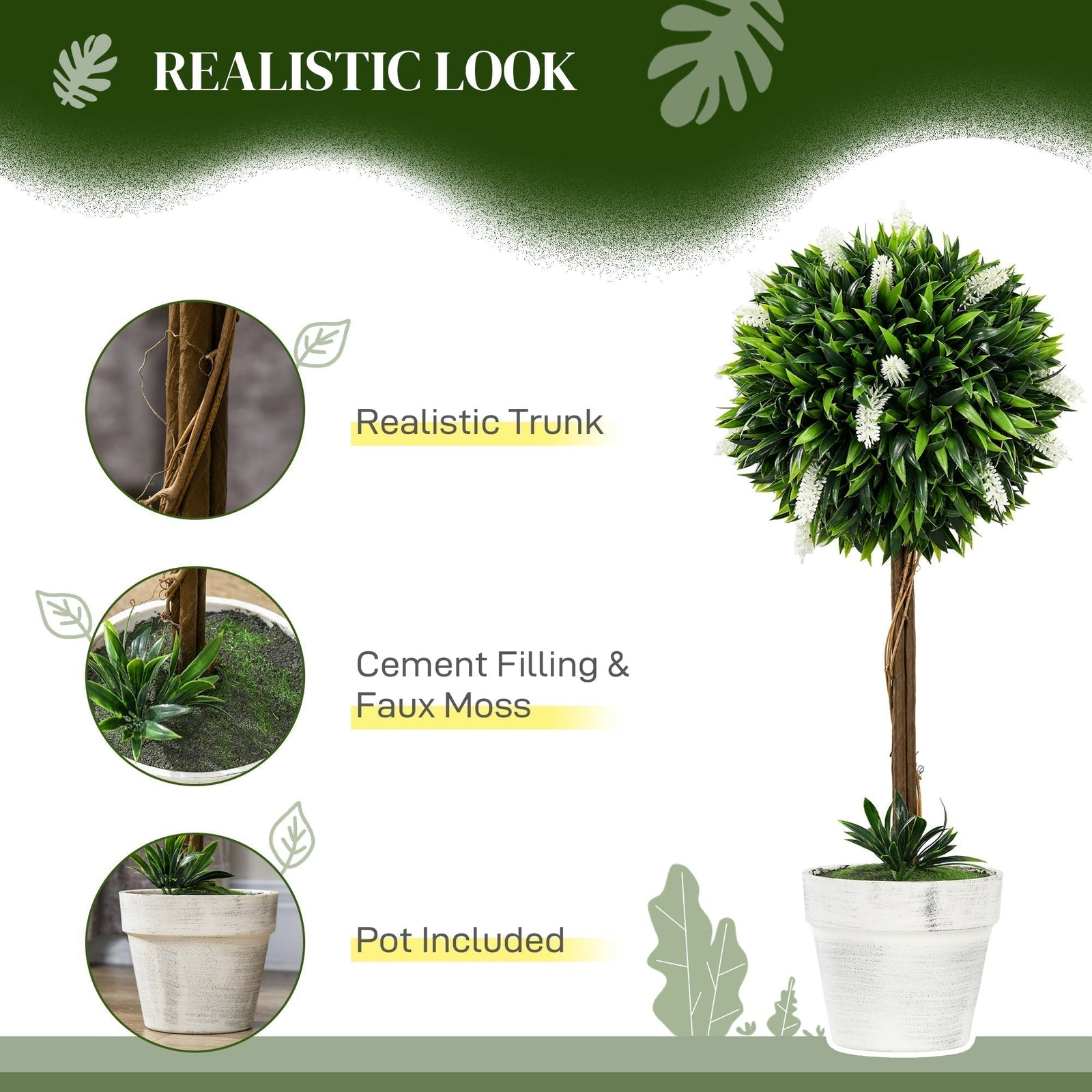 HOMCOM Set of 2 Decorative Artificial Plants Ball Trees with Flower for Home Indoor Outdoor Decor, 60cm,White
