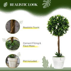 HOMCOM Set of 2 Decorative Artificial Plants Ball Trees with Flower for Home Indoor Outdoor Decor, 60cm,White
