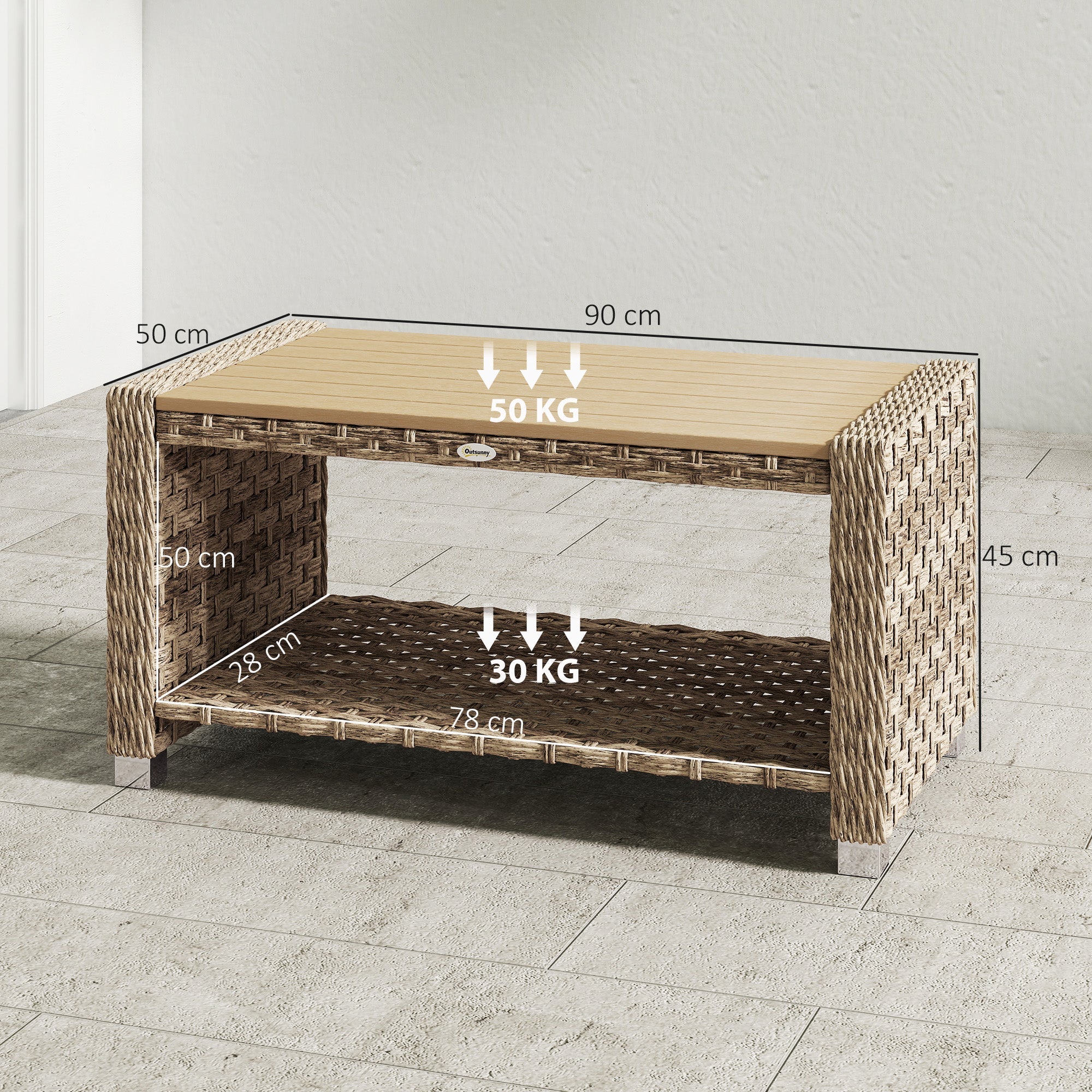 Outsunny Outdoor Coffee Table with Storage Shelf, PE Rattan Side Table with Slatted Top and Foot Pads, Light Brown