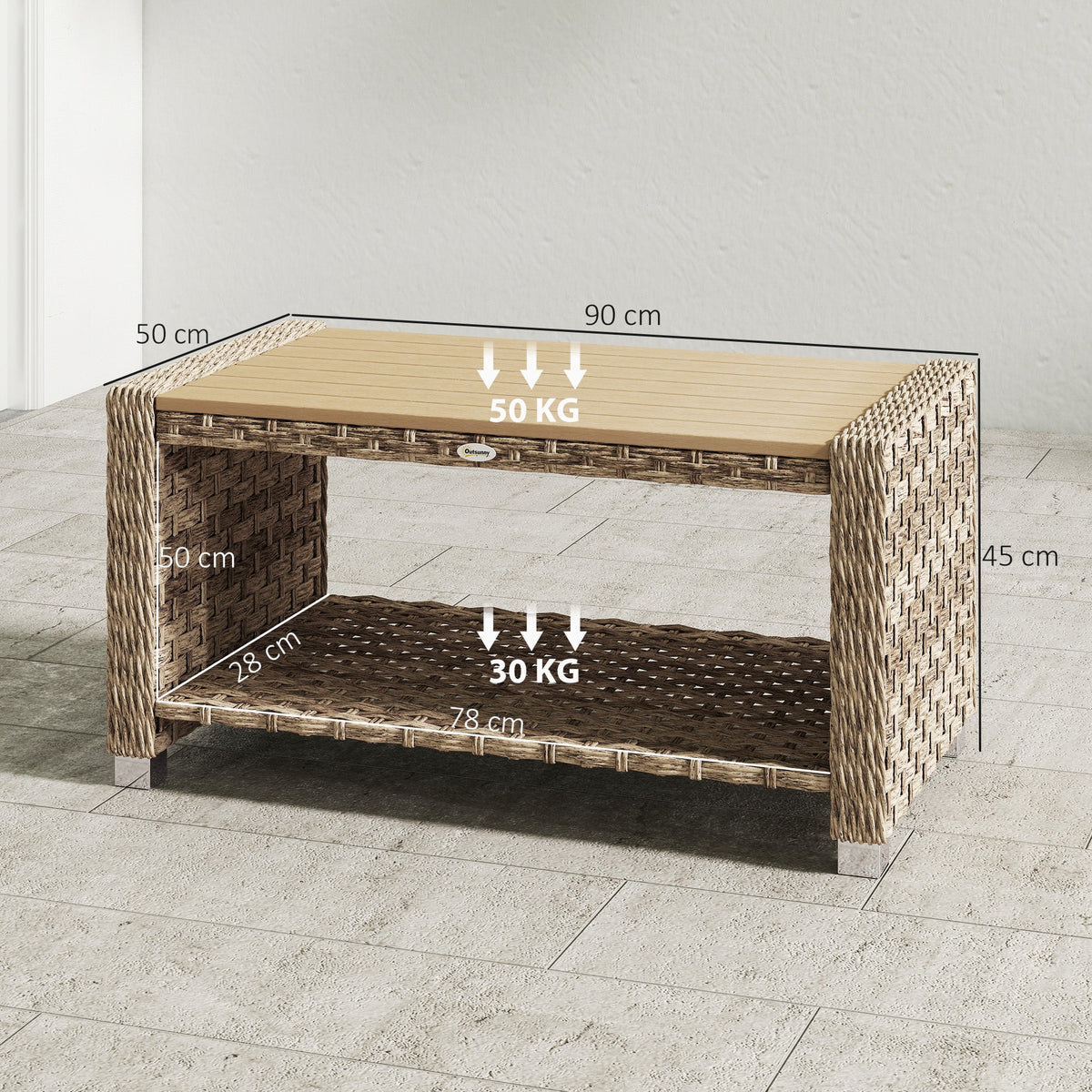 Outsunny Outdoor Coffee Table with Storage Shelf, PE Rattan Side Table with Slatted Top and Foot Pads, Light Brown