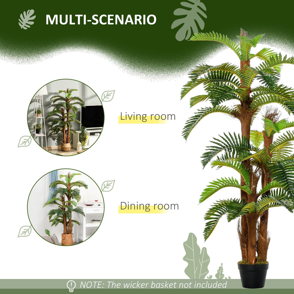 Outsunny Artificial Plant Tropical Fern in Pot, Fake Plants for Home Indoor Decor, 150cm, Green
