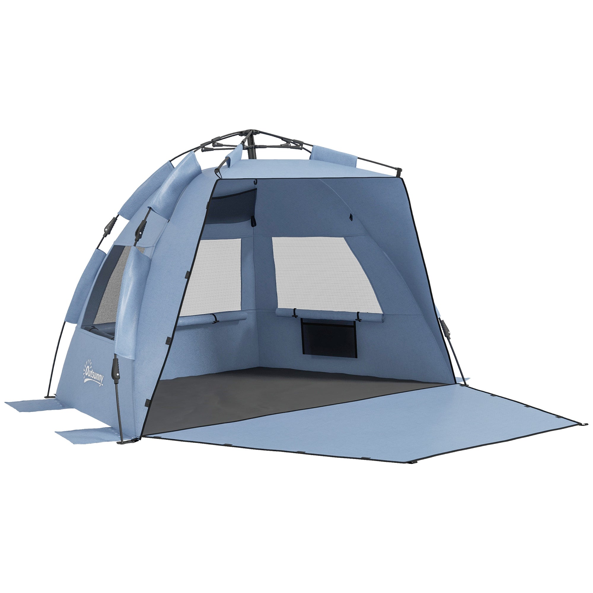 Outsunny 2-3 Person Pop Up Beach Tent, UPF15+ Sun Shelter with Extended Floor, Sandbags, Mesh Windows and Carry Bag, Light Blue