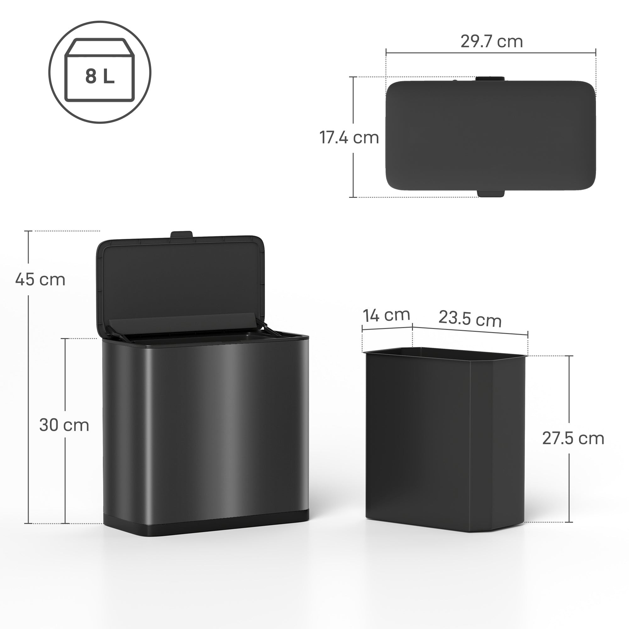 HOMCOM 8L Hanging Kitchen Bin, Rubbish bin with Lid and Removable Inner Bucket for Kitchen Cabinet Door, Under Sink, Office