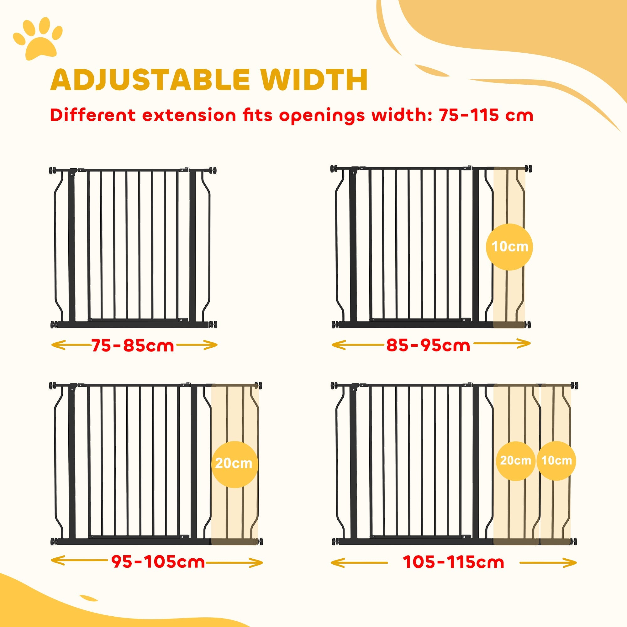PawHut Wide Dog Safety Gate, with Door Pressure, for Doorways, Hallways, Staircases - Black