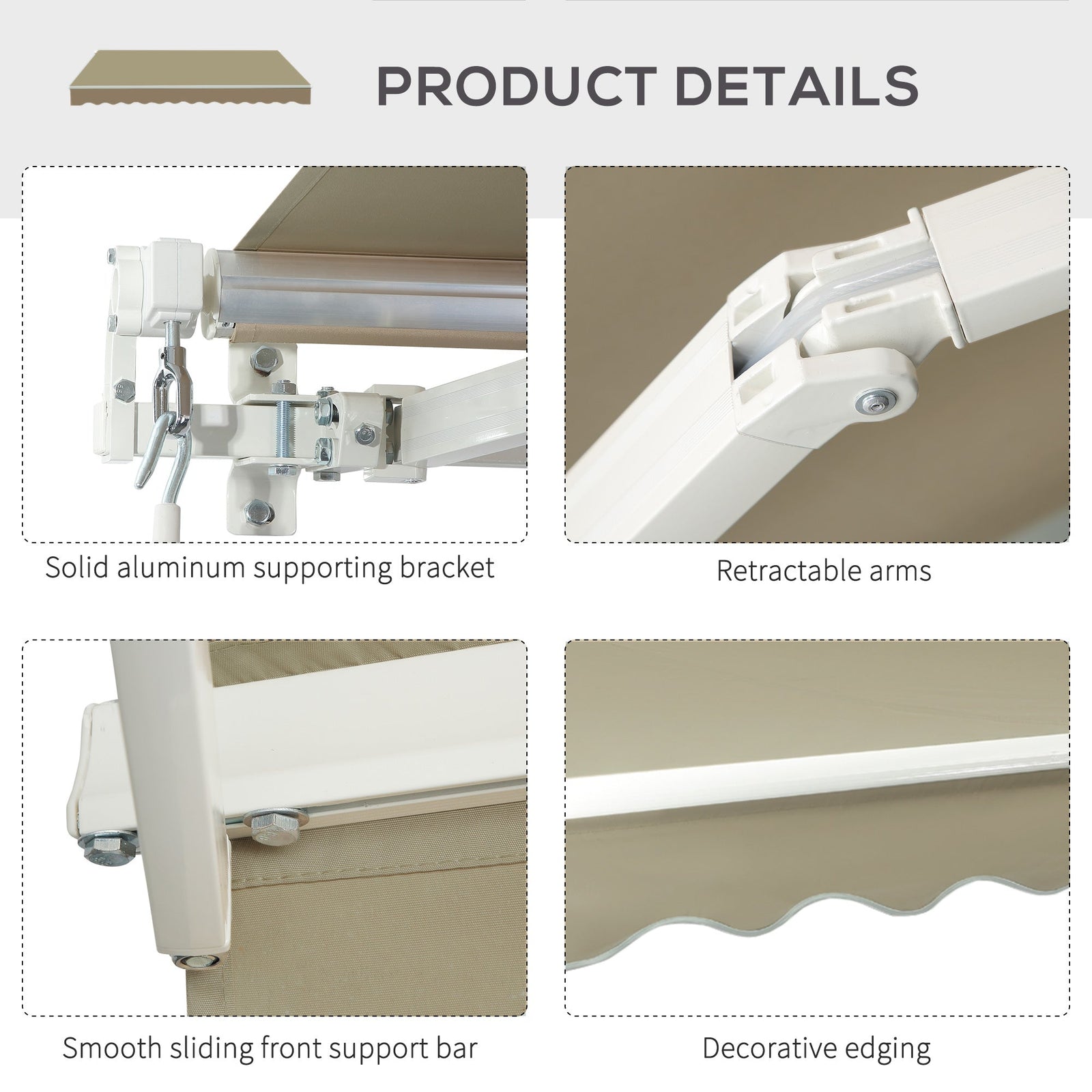Outsunny 2.5x2 m Manual Retractable Awning-Khaki Canopy, White Frame