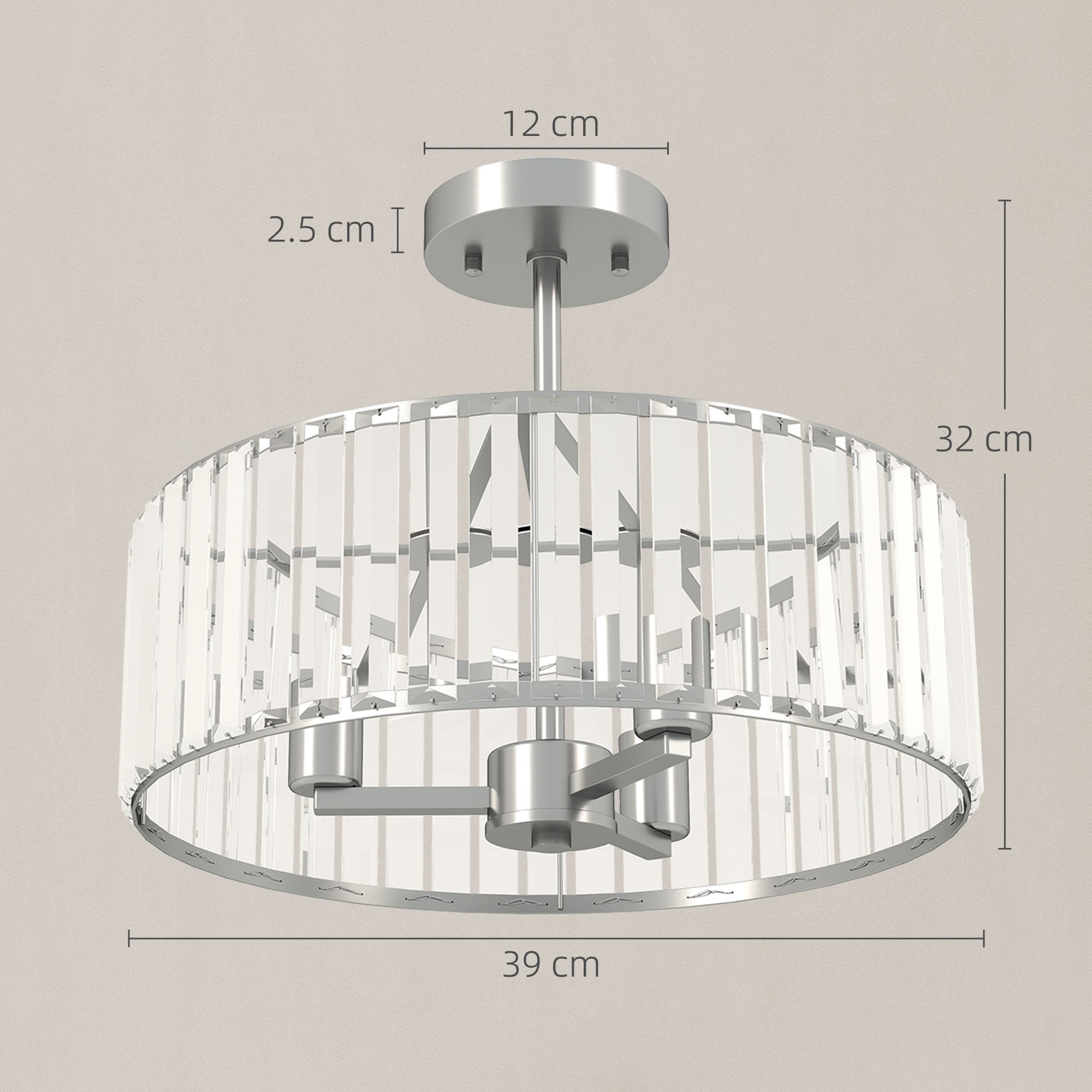 HOMCOM Crystal Ceiling Light Fixture, Semi Flush Mount Modern Crystal Chandelier Ceiling Light for Living Room, Bedroom, Hallway, Dining Room, E14 Base 3-Lights, Bulbs Not Included, Silver Tone