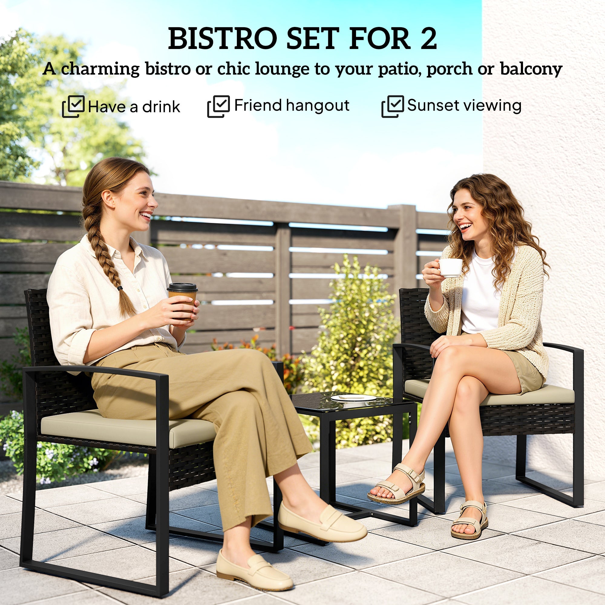 Outsunny Rattan Bistro Set, 3 Piece Garden Furniture Set with Glass Top Table and Cushions, Khaki