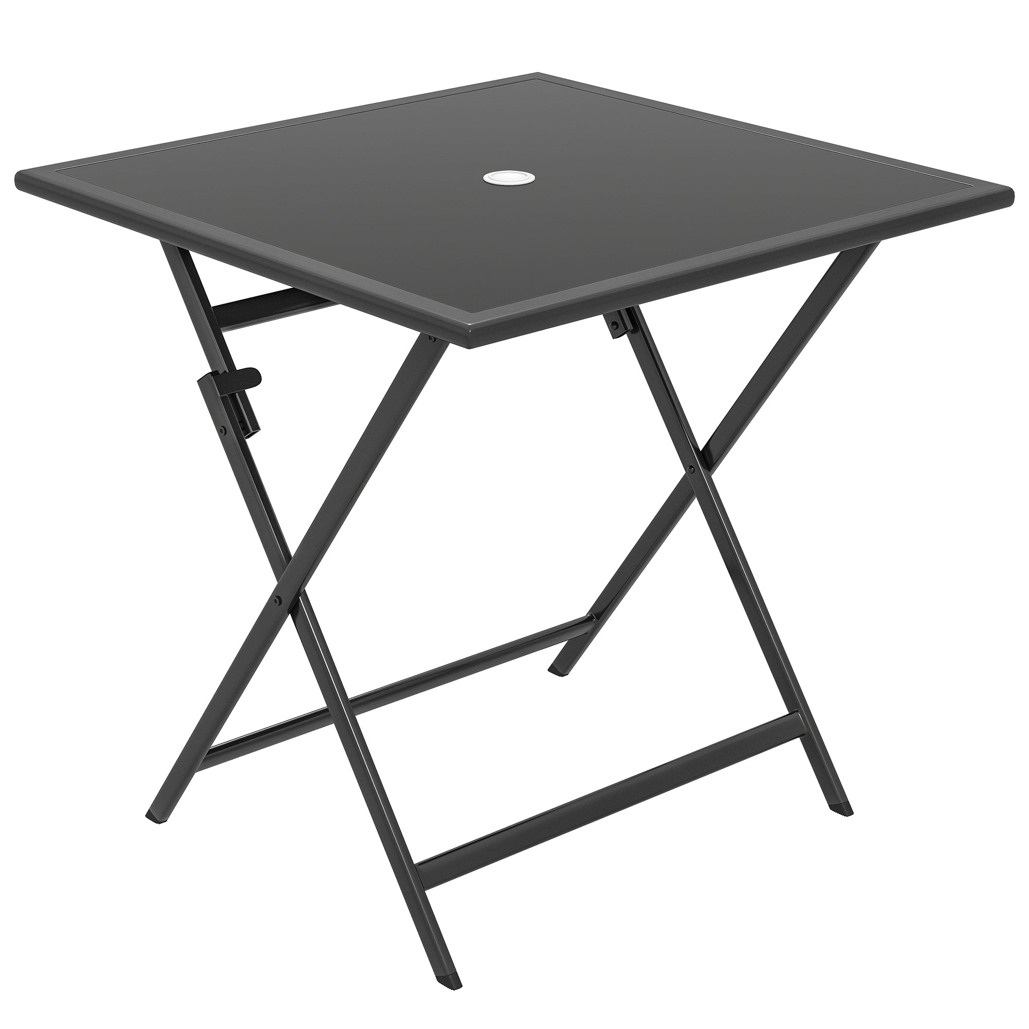 Outsunny Folding Outdoor Dining Table, Square Garden Table Tempered Glass Top with Parasol Hole Garden Patio, 70 x 70 x 70 cm