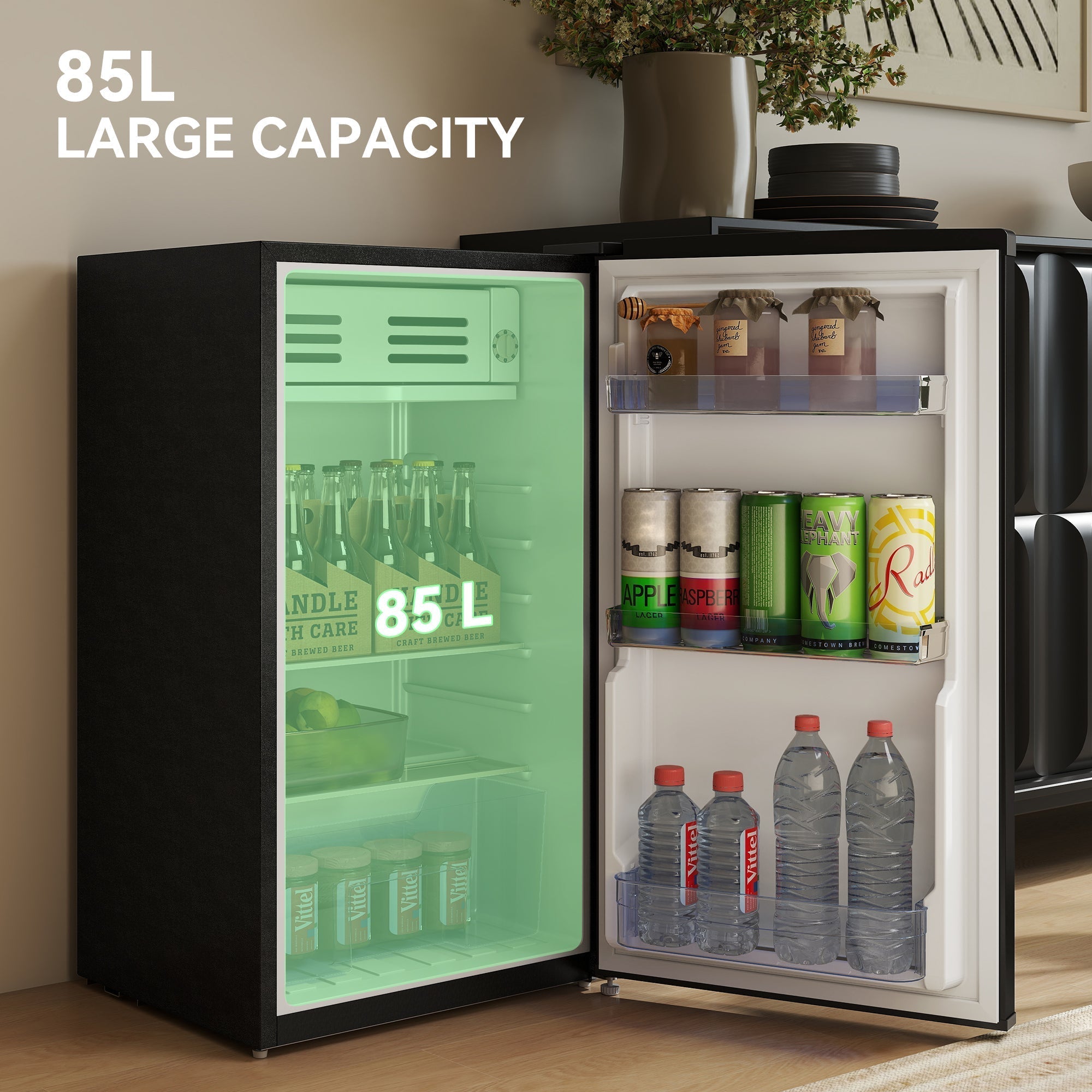 HOMCOM Under Counter Fridge, 85L Small Retro Refrigerator with Chiller Box, Adjustable Thermostat, Glass Shelves, Black