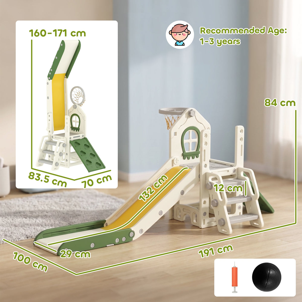 AIYAPLAY Foldable 4 in 1 Toddler Slide with Climber, Basketball Hoop, Storage Space and Basketball for Ages 1-3 Years, Cream