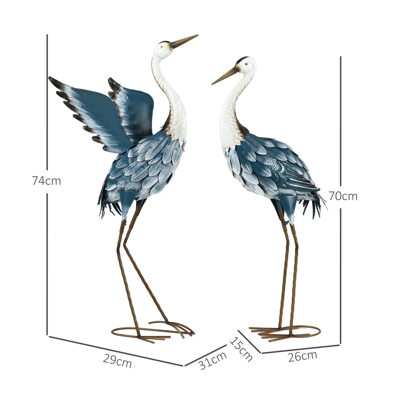 Outsunny Heron Garden Statues, Standing Garden Ornament, Metal Garden Gift with Stakes, Blue & White